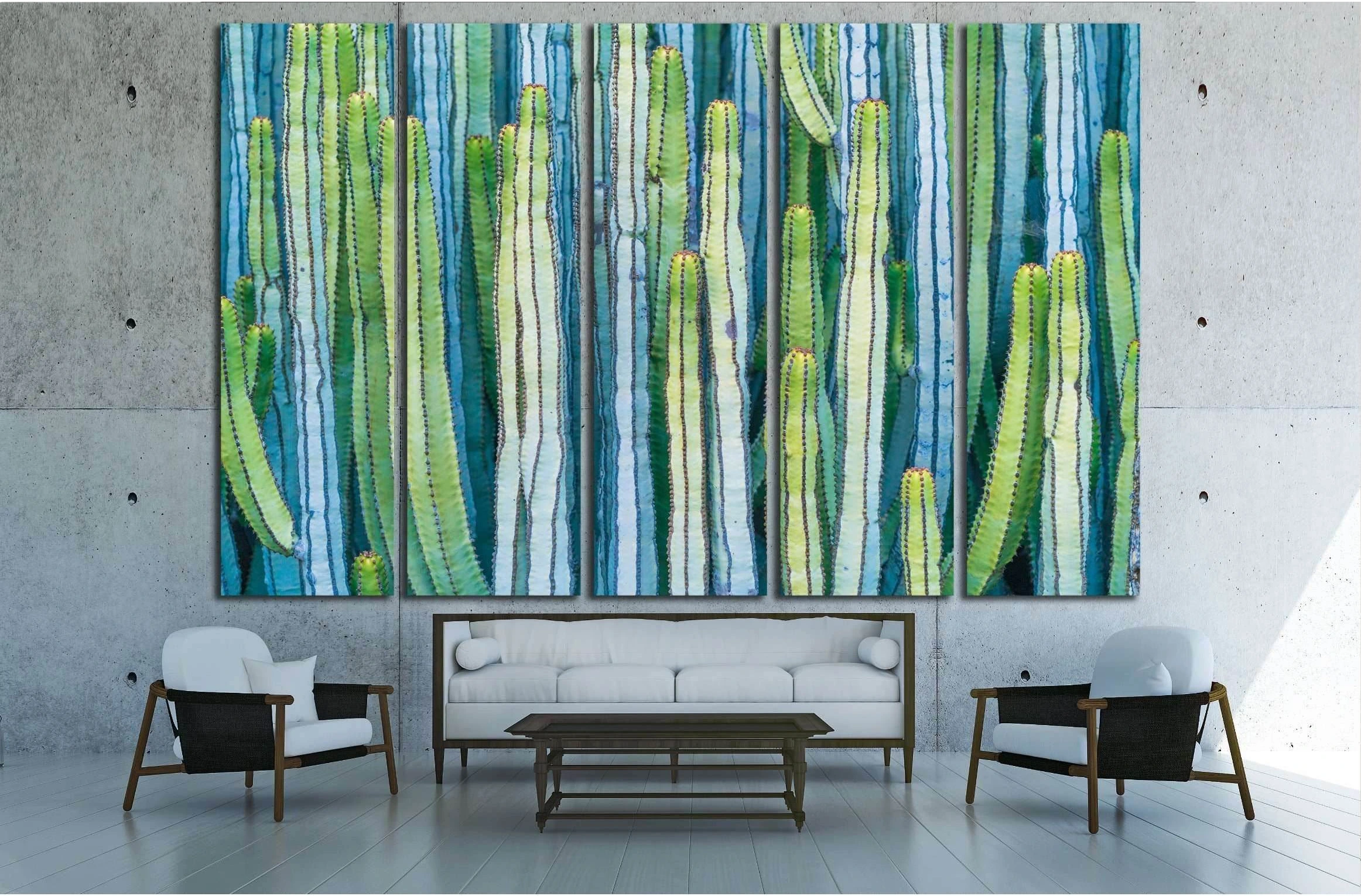 A wall-hanging piece of art featuring a composition of vertical, long, and thin, green, blue, and white cactus-like plants., product view 2
