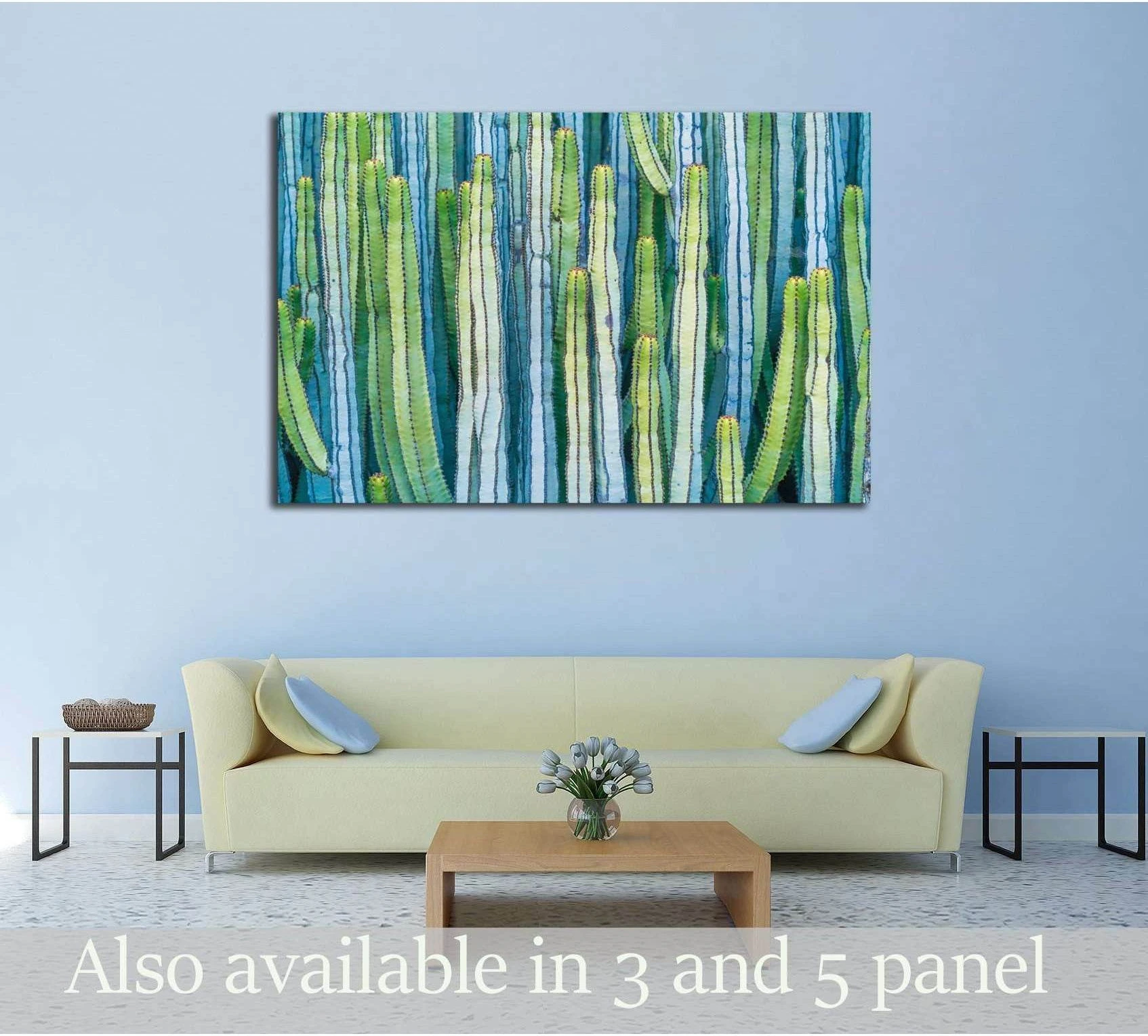 A wall-hanging piece of art featuring a composition of vertical, long, and thin, green, blue, and white cactus-like plants.