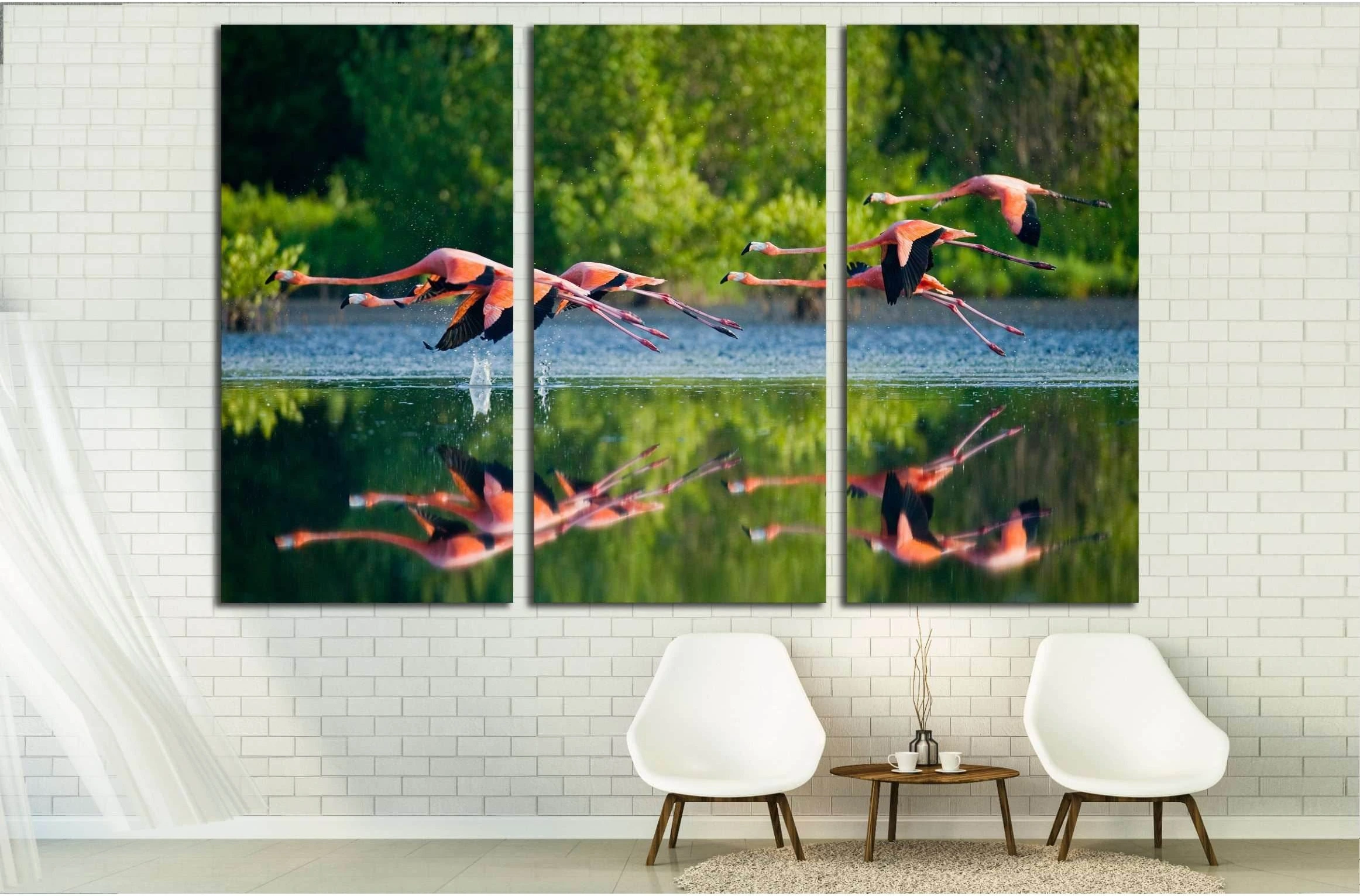 Caribbean flamingos flying over water with reflection. Cuba №3260 Ready to Hang Canvas Print - Zellart Canvas Prints ALL_Products, s-3260
