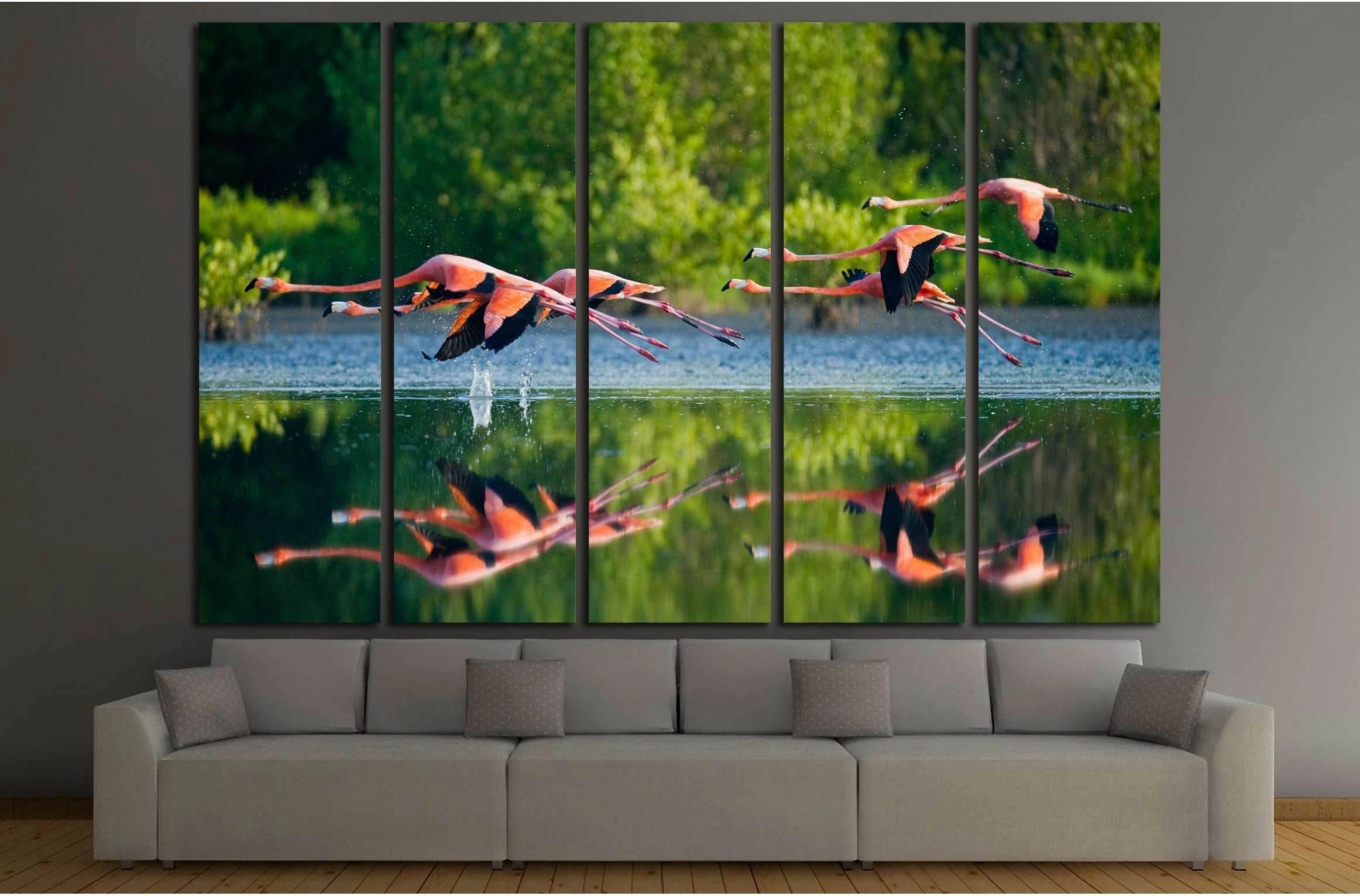Caribbean flamingos flying over water with reflection. Cuba №3260 Ready to Hang Canvas Print - Zellart Canvas Prints ALL_Products, s-3260