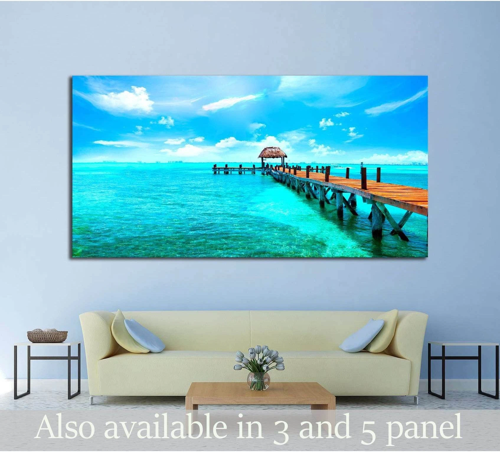 Turquoise Ocean Jetty & Thatched Hut Canvas Print Wall Art showing blue ocean wall art with water and coastal depth.