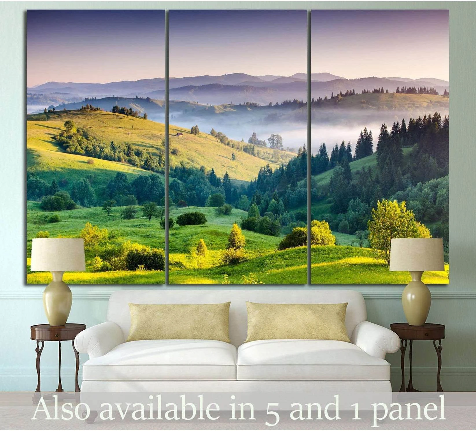 Carpathian mountains canvas print above sofa with misty green hills and forested valley