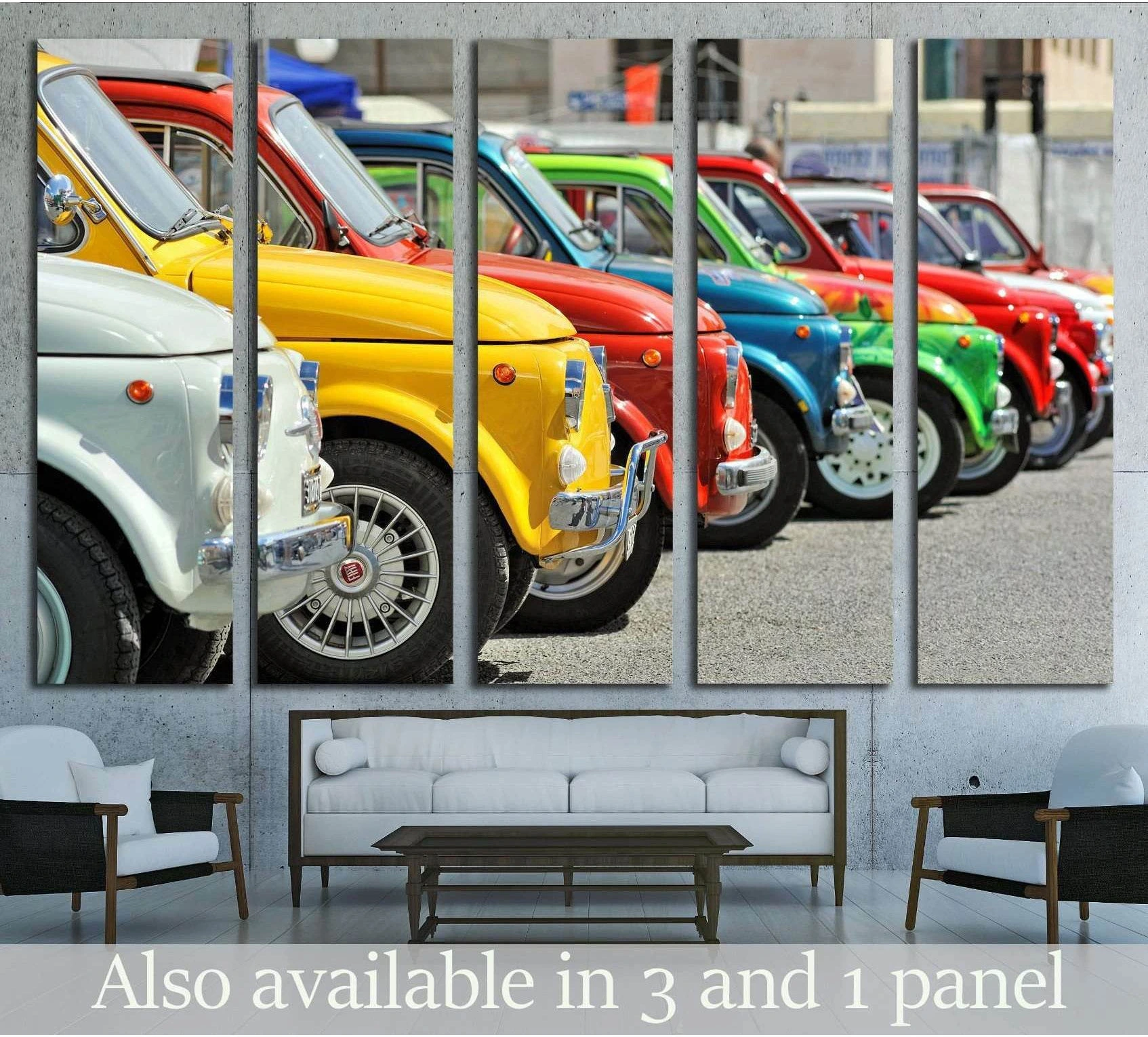 Colorful vintage microcar canvas print with a row of classic cars above a sofa