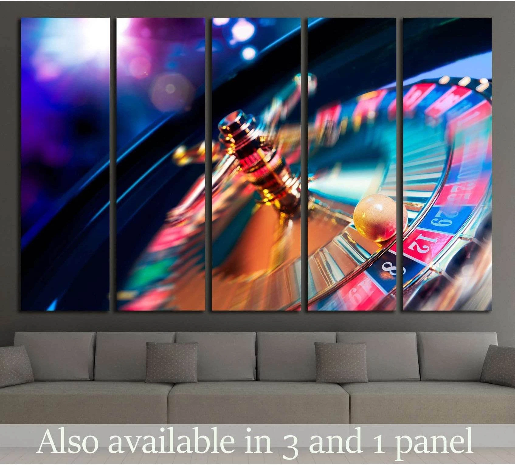Neon casino roulette canvas print in five-panel wall display above a sofa with blue pink and gold motion blur