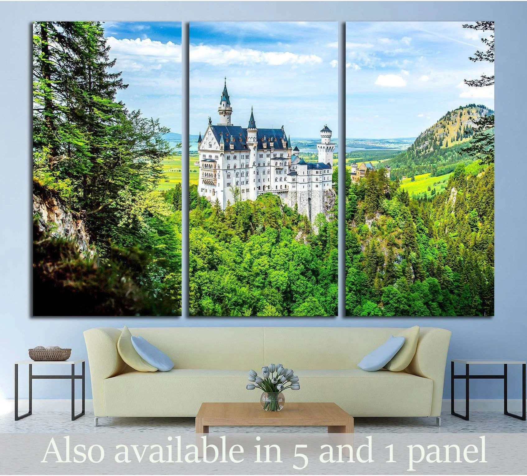 Neuschwanstein Castle canvas print above sofa in a living room with forest and Bavarian hills