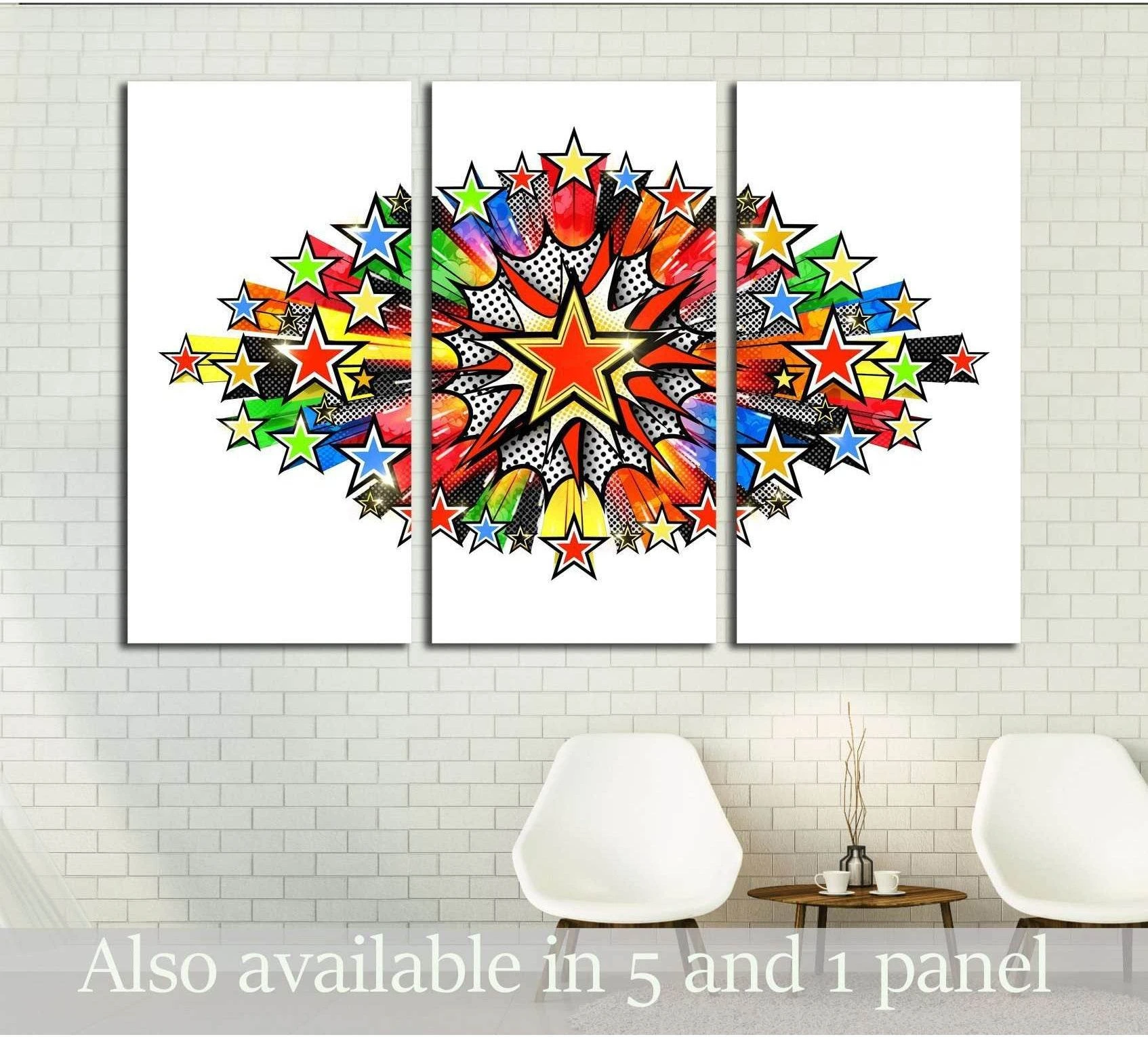 Triptych pop art stars canvas print with comic burst above chairs in a modern white brick living room