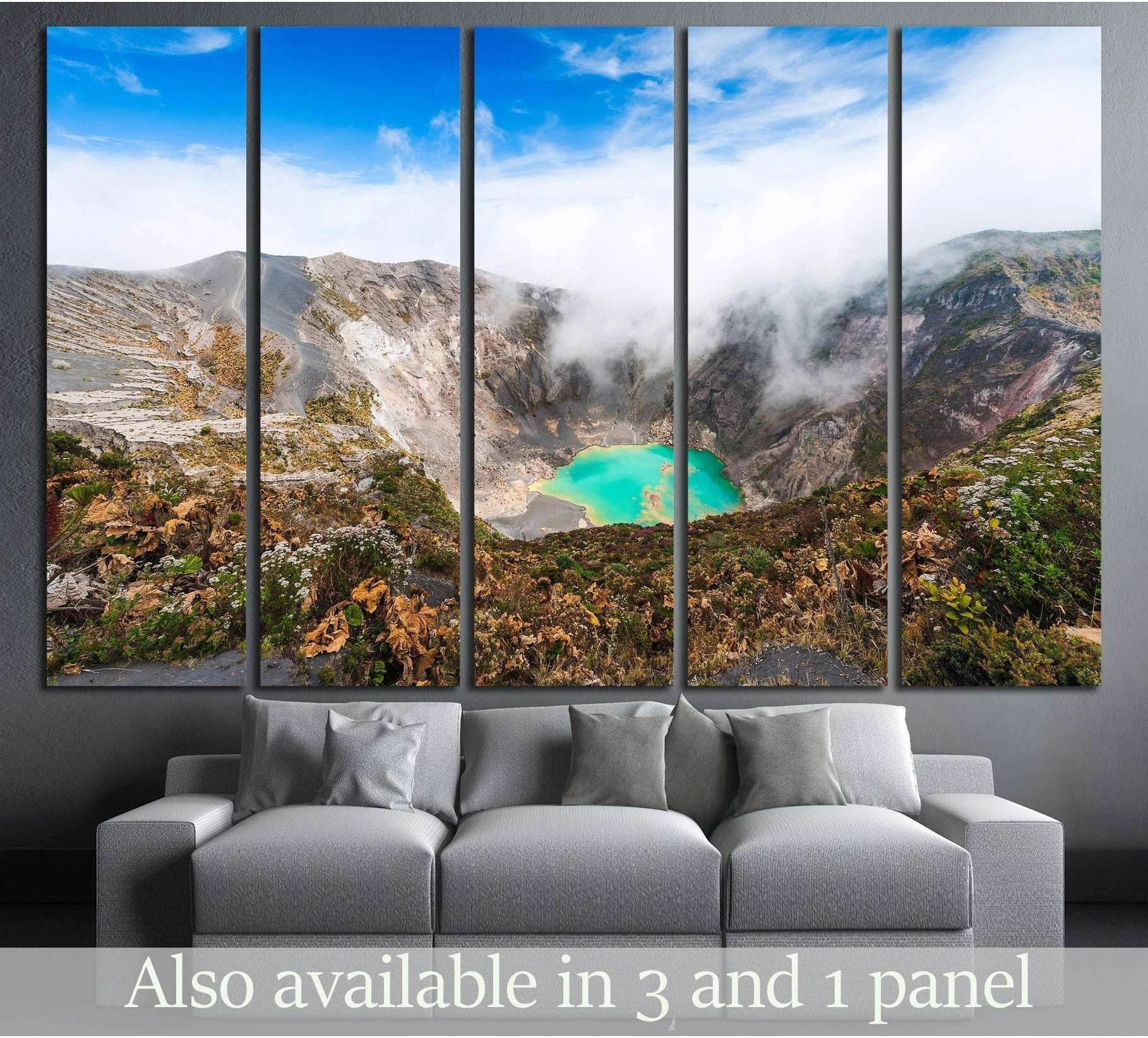 Costa Rica volcano crater lake canvas print hung above sofa in modern living room