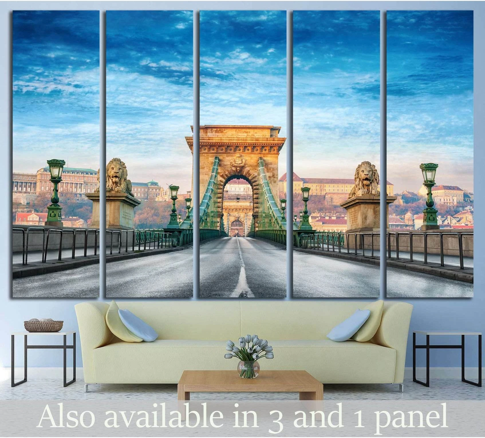 Budapest Chain Bridge canvas print hung above sofa in a modern living room