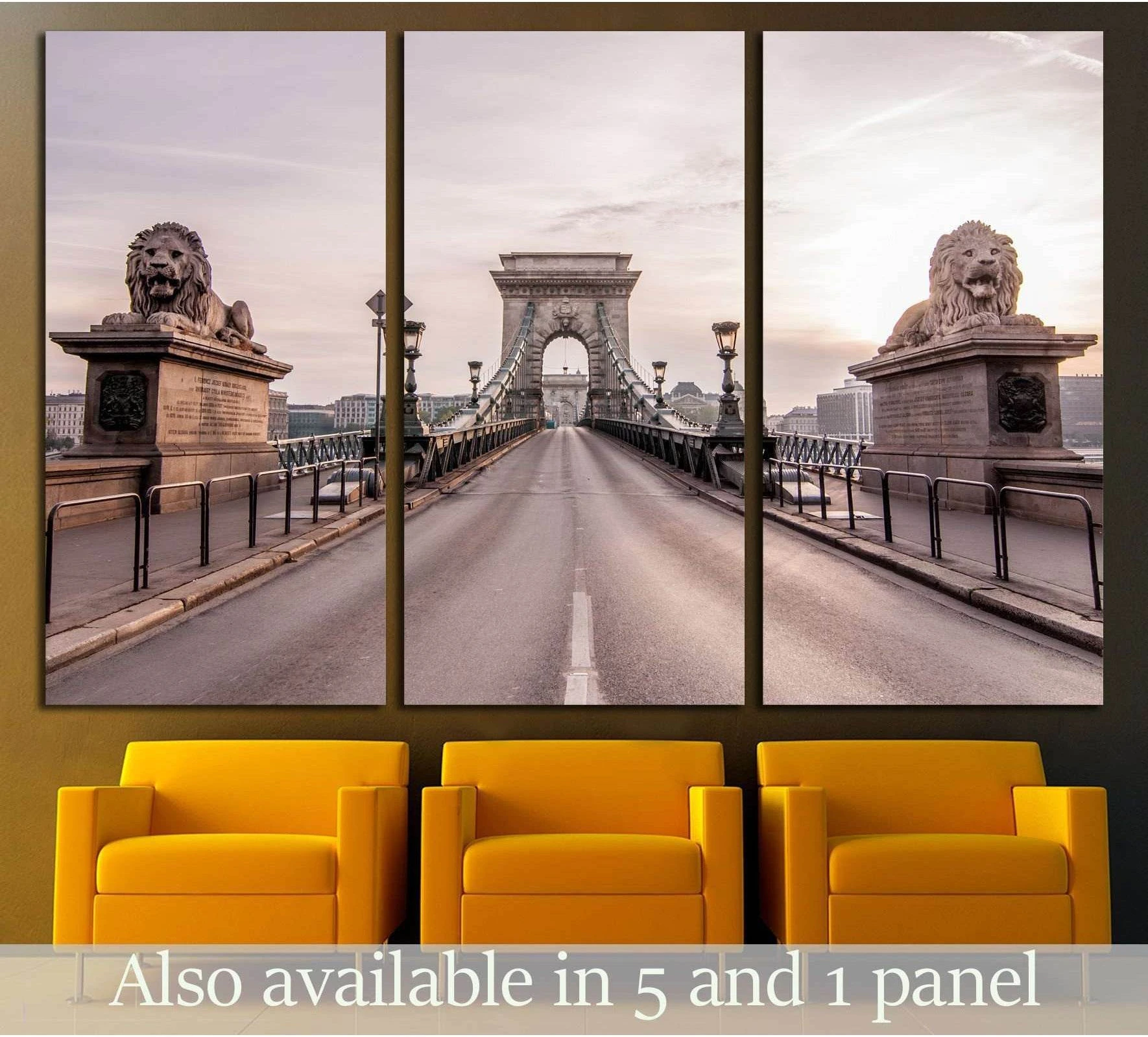 Budapest Chain Bridge triptych canvas print with lion statues above chairs in a modern room