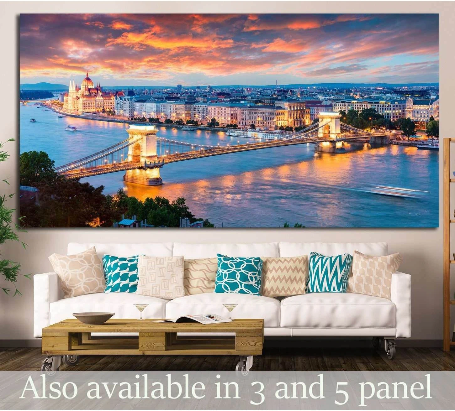Budapest Chain Bridge and Parliament canvas print at sunset above a sofa in a modern living room