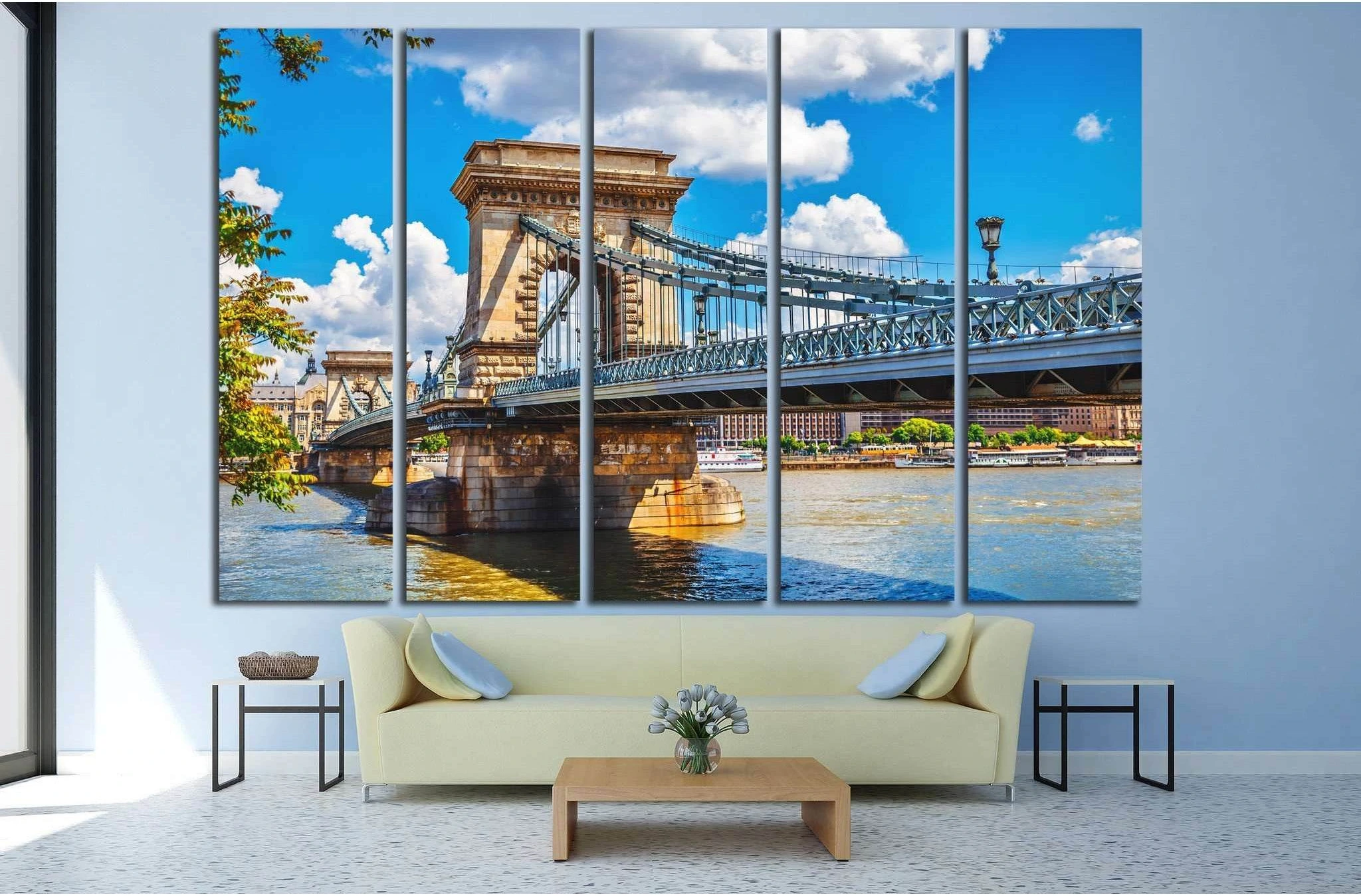 Chain bridge on danube river in budapest, hungary №1230 Ready to Hang Canvas Print - Zellart Canvas Prints ALL_Products, s-1230