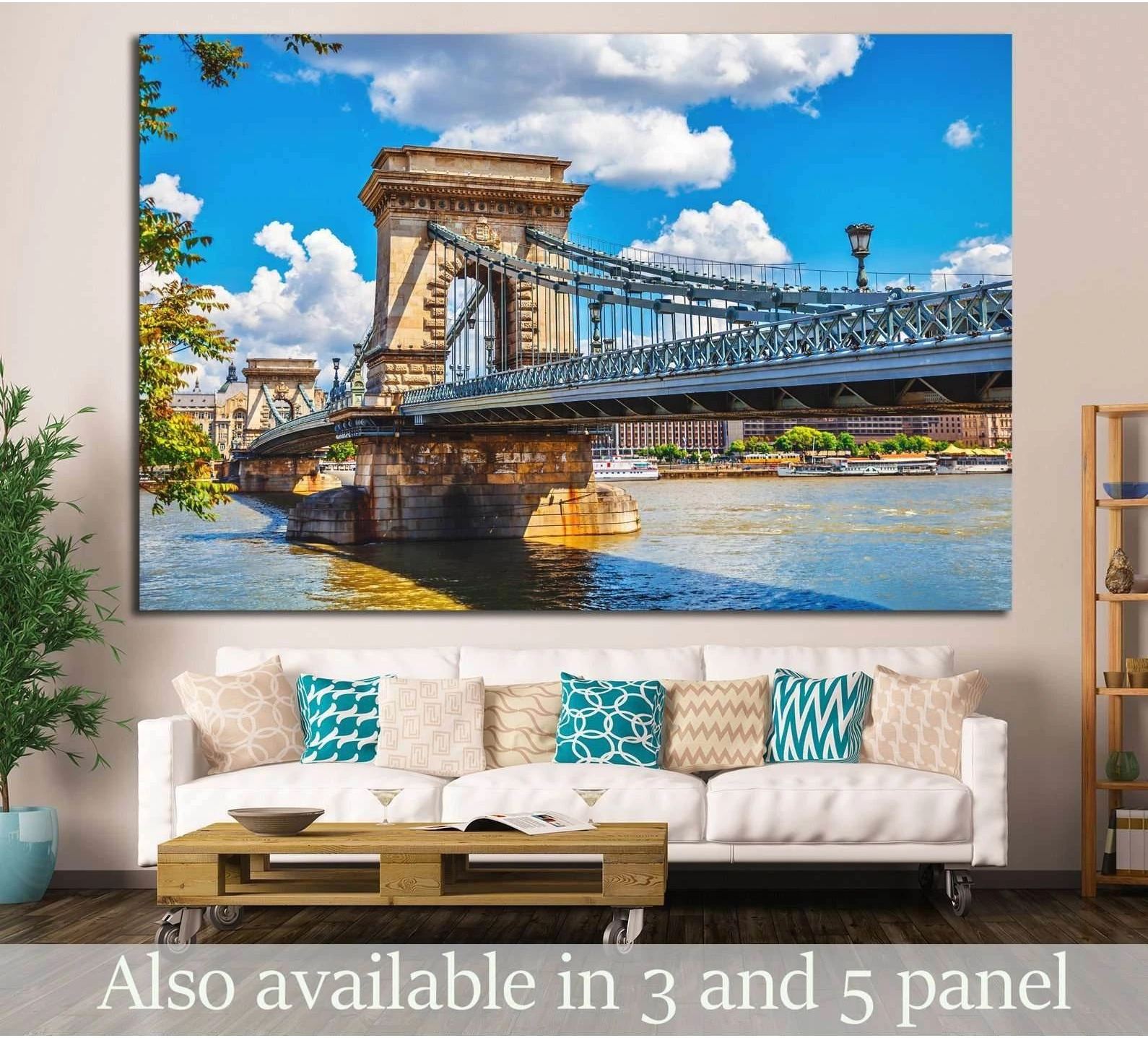 Budapest Chain Bridge canvas print over the Danube River, hung above a sofa in a modern living room