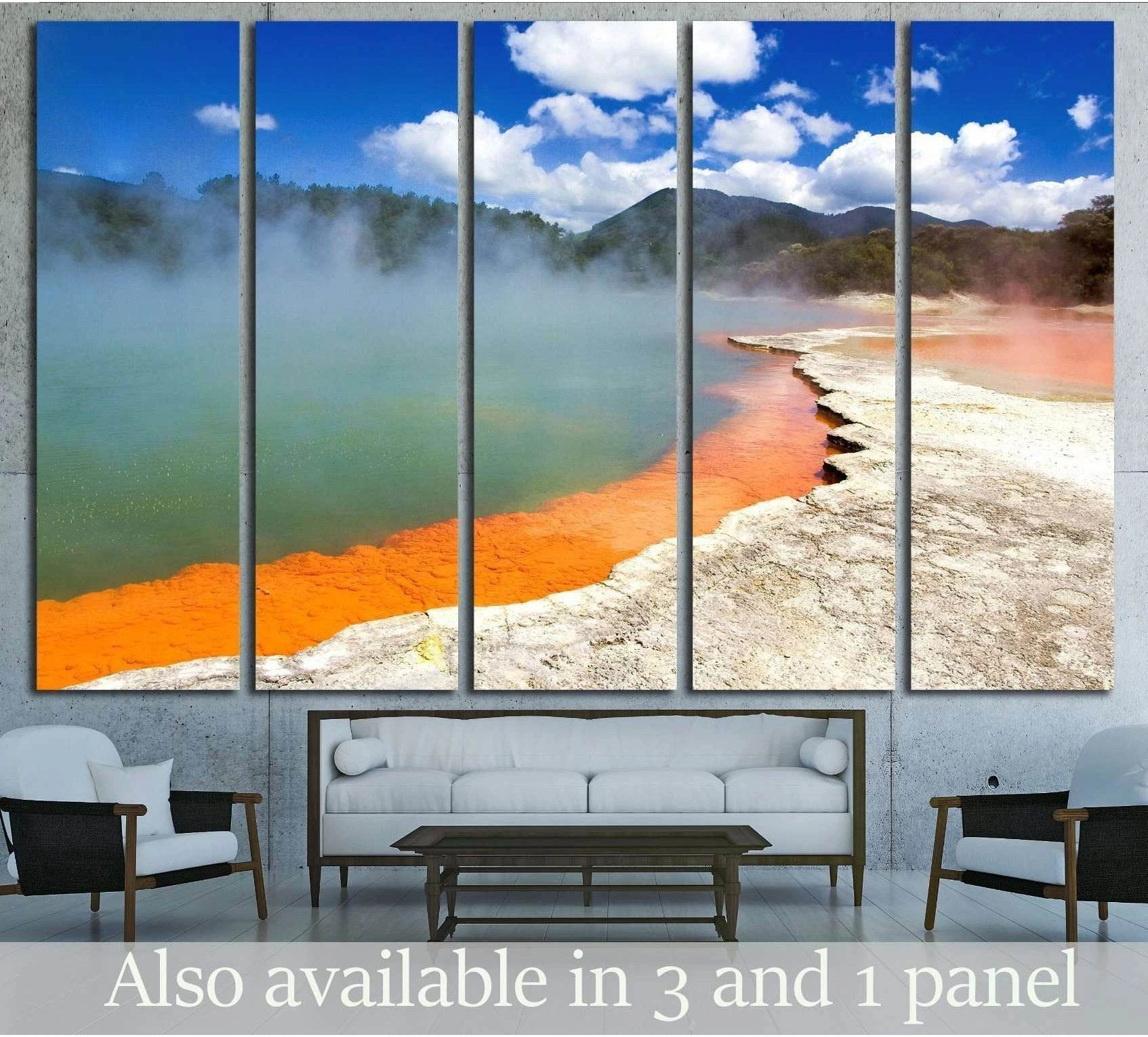 Champagne Pool canvas print at Wai-O-Tapu Rotorua above a sofa in a modern living room