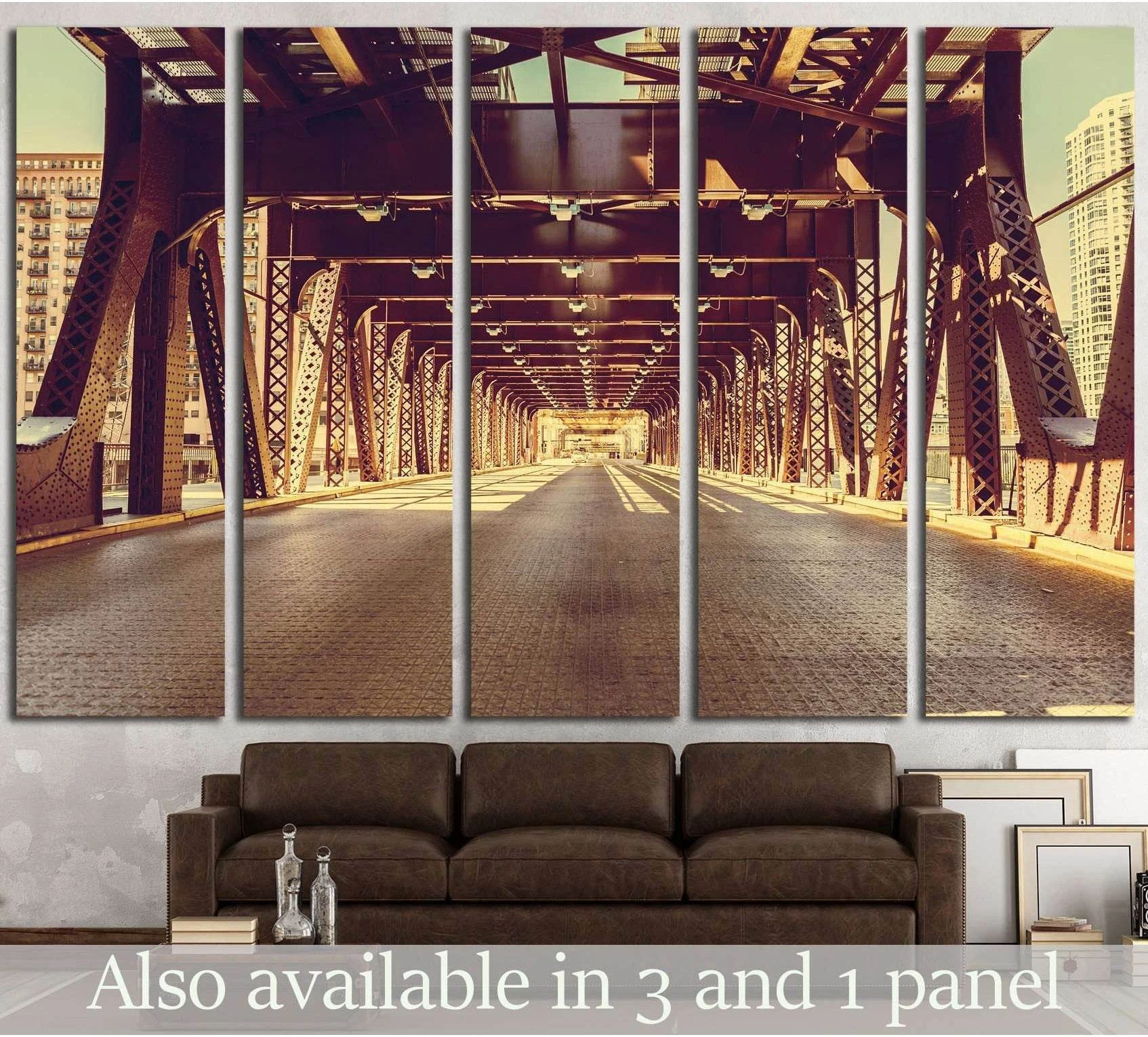 Sepia Chicago bridge canvas print with steel beams and empty roadway above a brown sofa