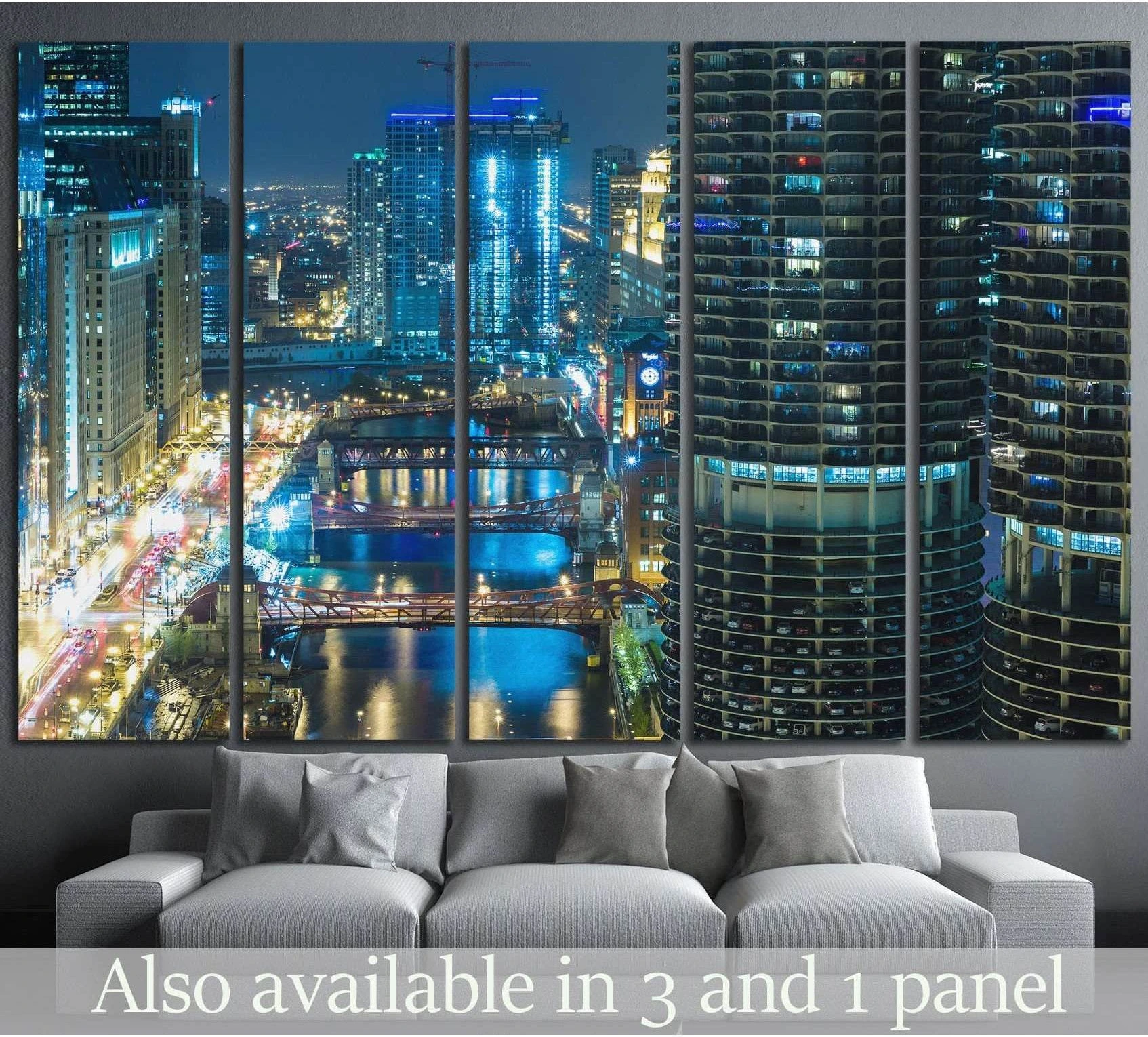 Chicago night skyline canvas print with Marina City towers above the river in a modern living room