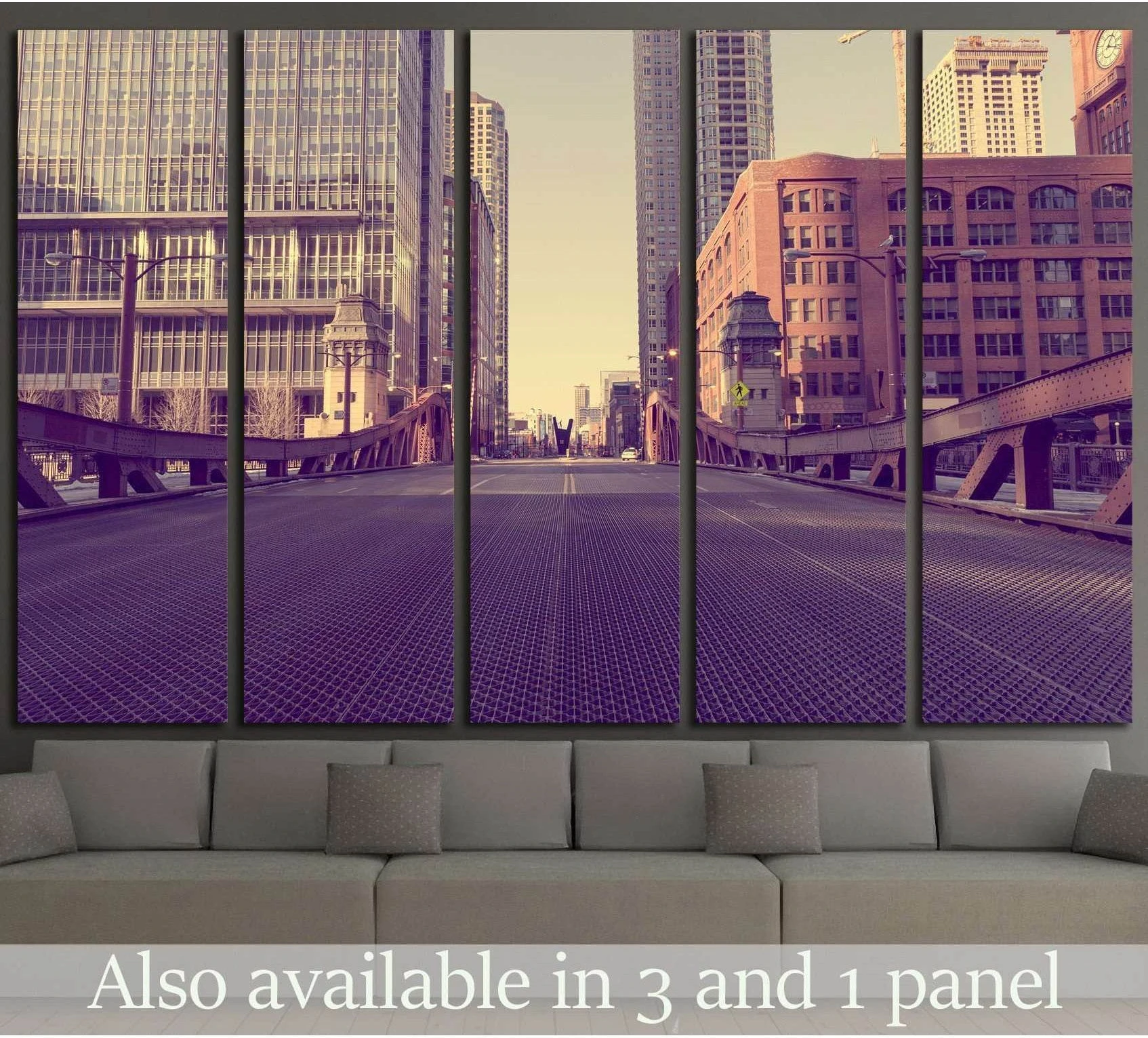 Chicago bridge canvas print with sepia purple downtown street scene above sofa in modern loft living room