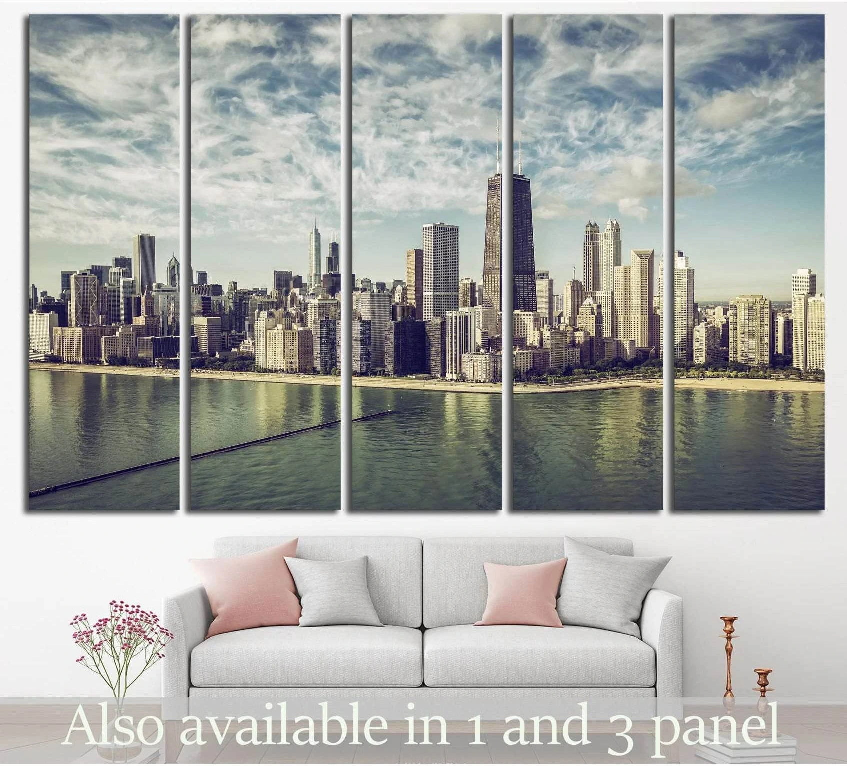 Chicago skyline multi-panel canvas print above sofa with Lake Michigan waterfront view