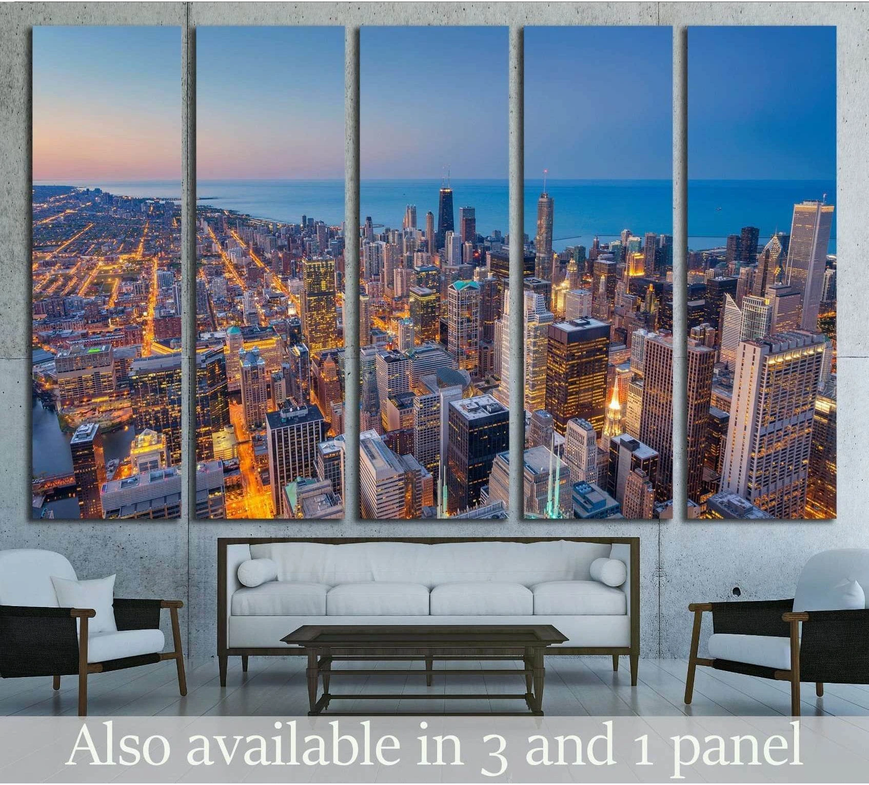Chicago skyline canvas print in five-panel layout above sofa, blue hour downtown and lakefront view