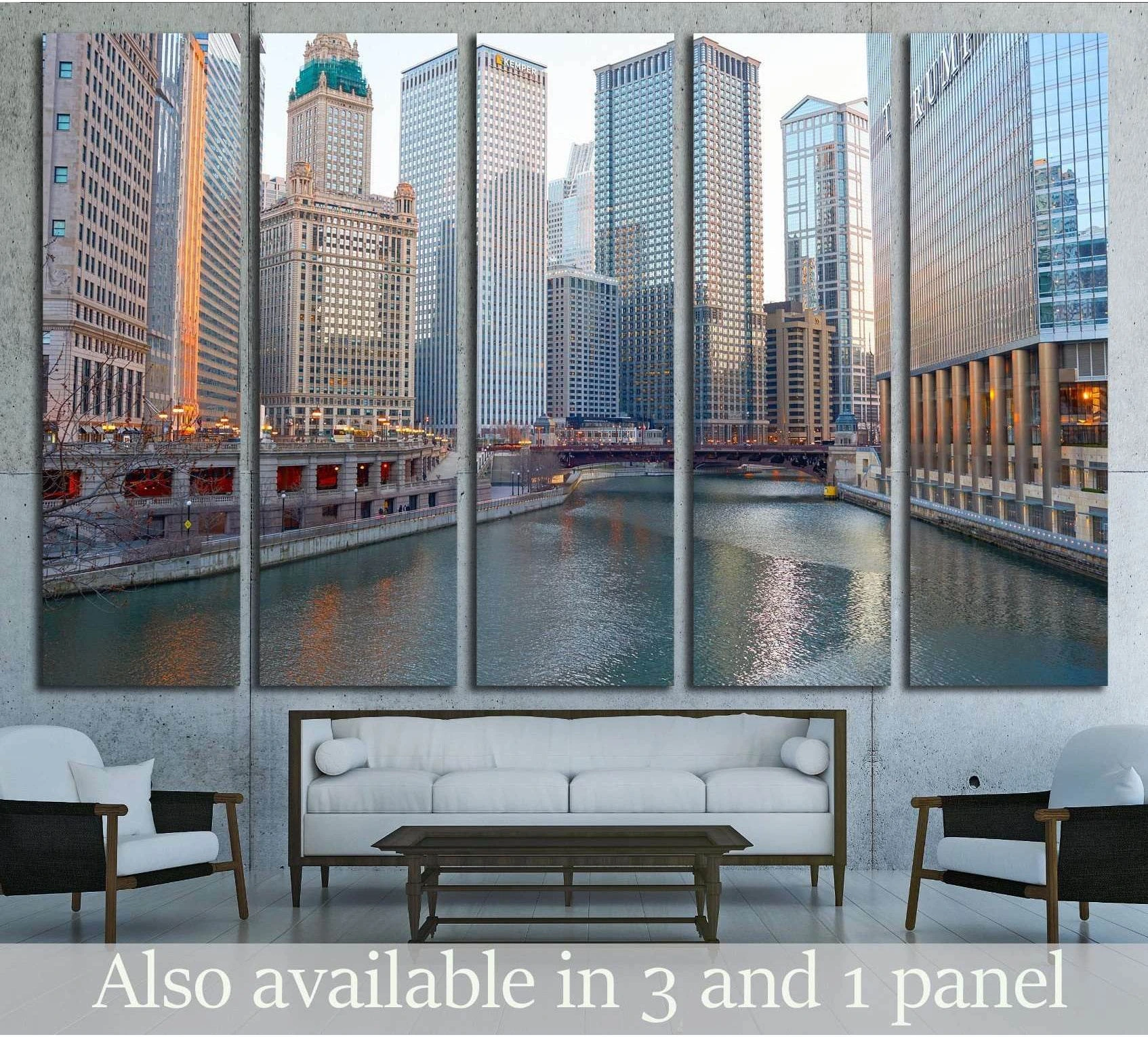 Chicago River twilight canvas print with downtown skyline above sofa in a modern living room