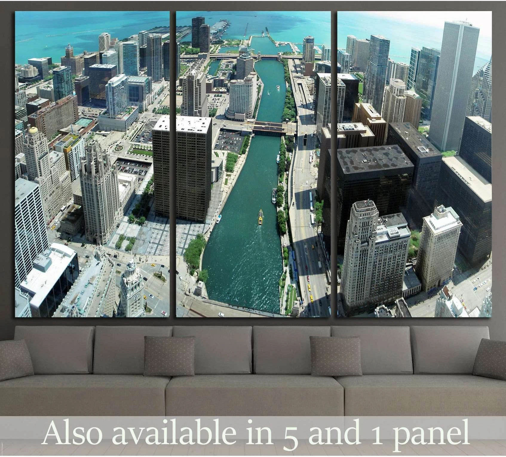 Chicago skyline triptych canvas print above sofa with aerial Chicago River and Lake Michigan view