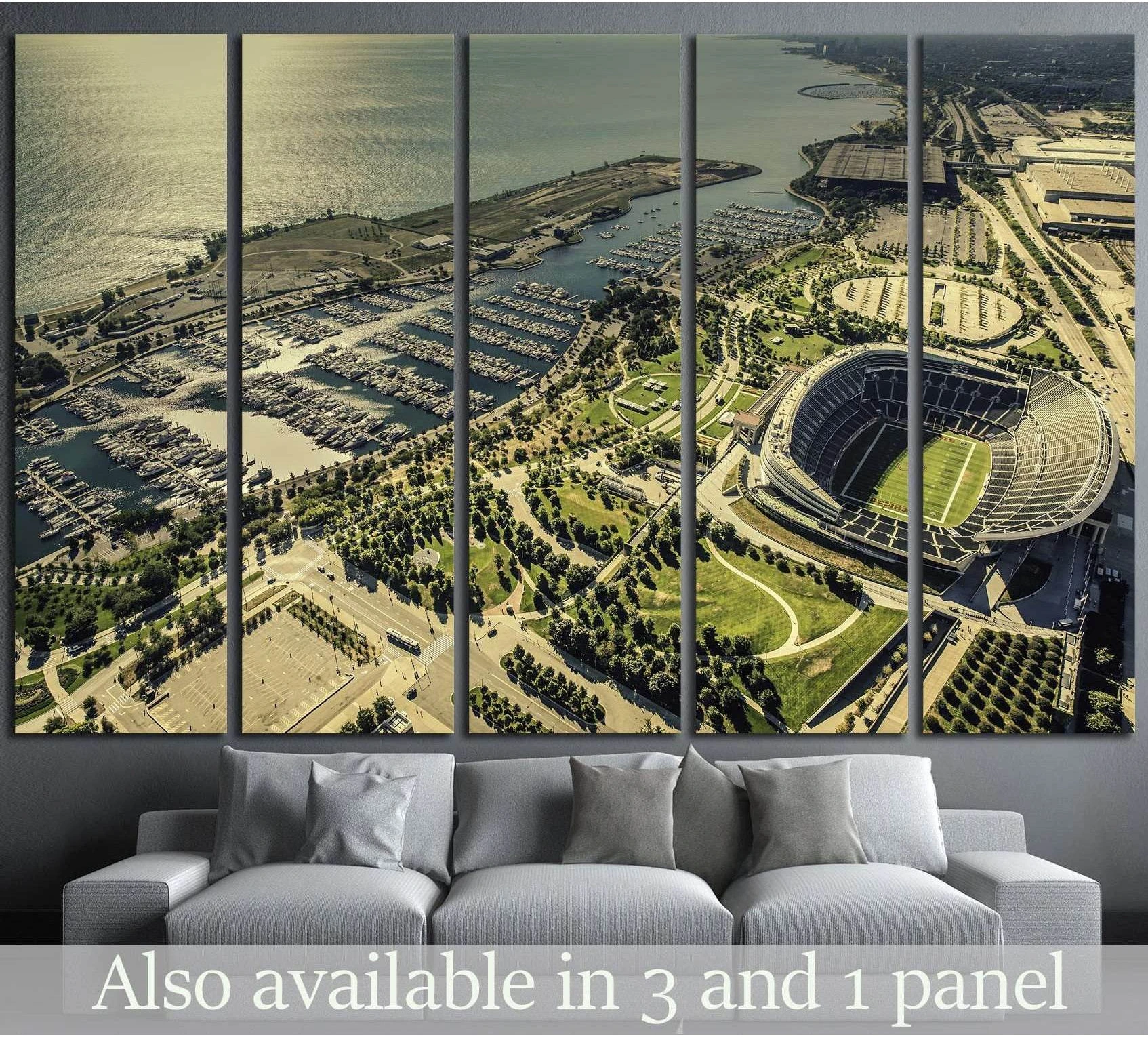 Aerial Chicago Soldier Field stadium and harbor canvas print in warm sepia tones