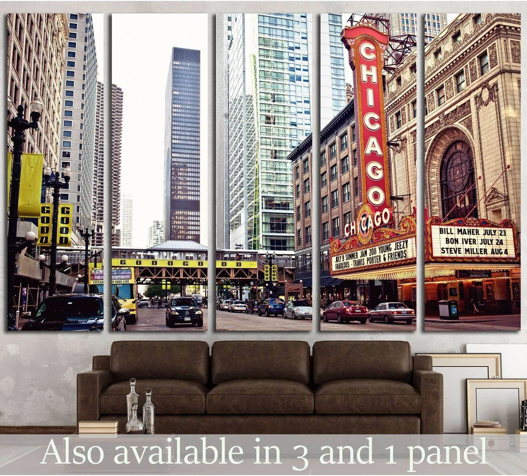 Chicago Theater marquee canvas print with downtown street scene above sofa in living room