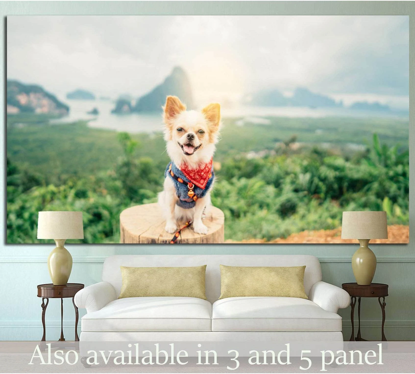 Chihuahua canvas print with red bandana sitting on a stump against a soft green coastal landscape, shown above a sofa