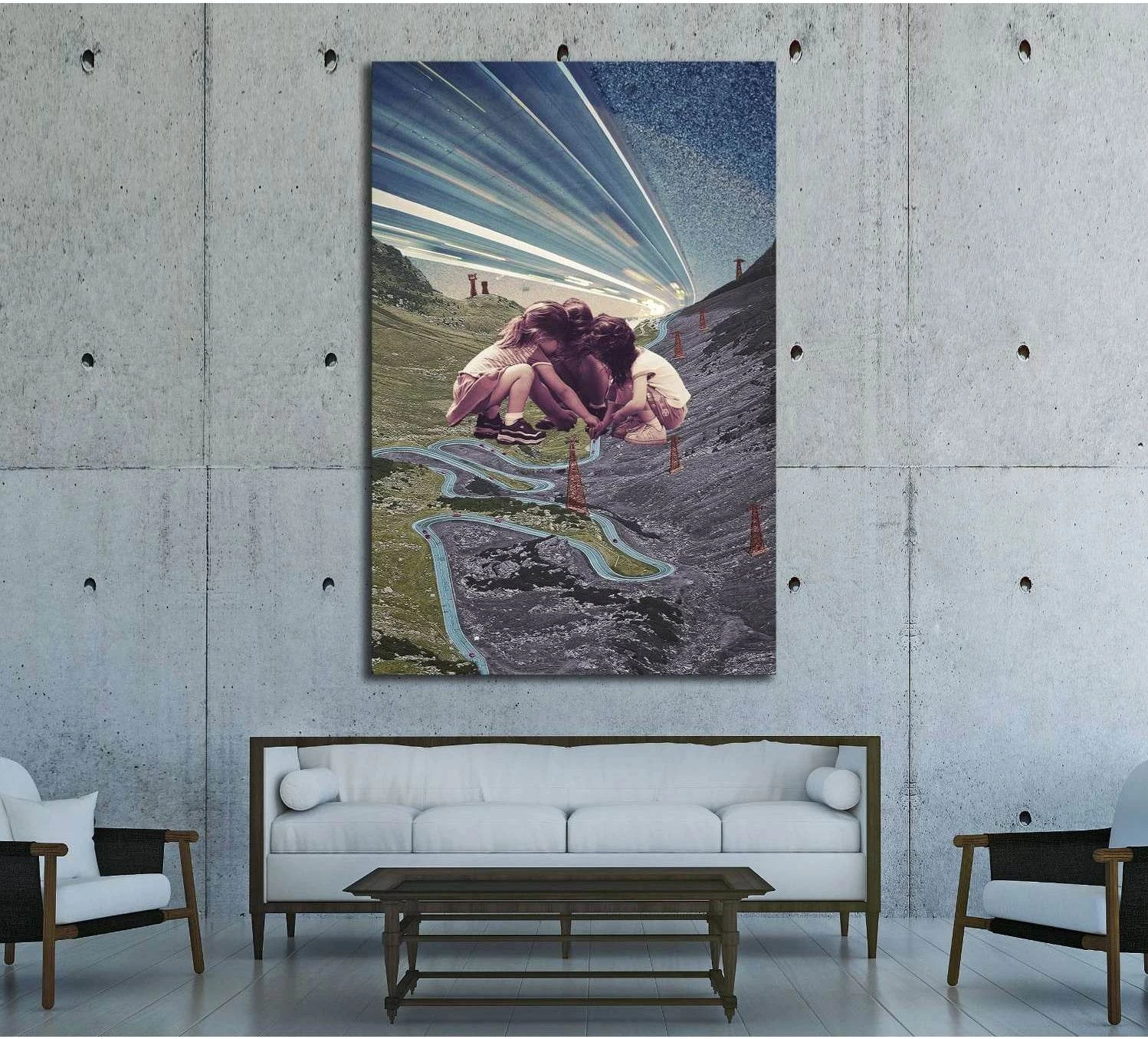 Surreal collage canvas print with children, winding river, and star beams in modern living room