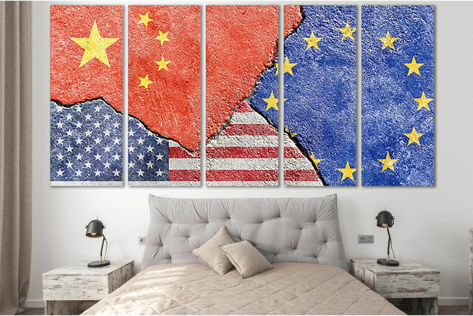 China Vs Usa Vs Eu National Flags №SL1183 Ready to Hang Canvas Print - Zellart Canvas Prints 0new, ALL_Products, Flags