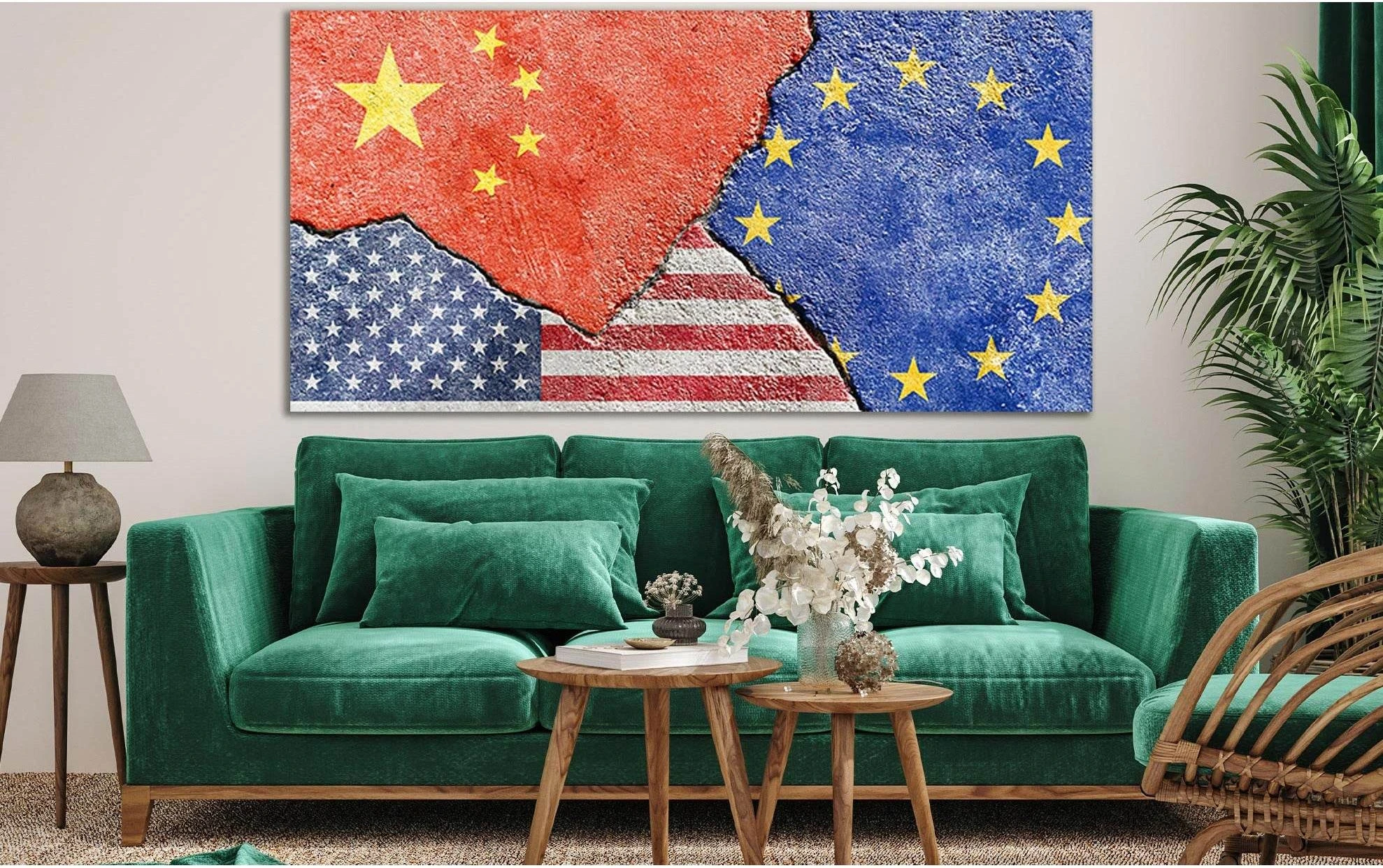 China Vs Usa Vs Eu National Flags №SL1183 Ready to Hang Canvas Print - Zellart Canvas Prints 0new, ALL_Products, Flags