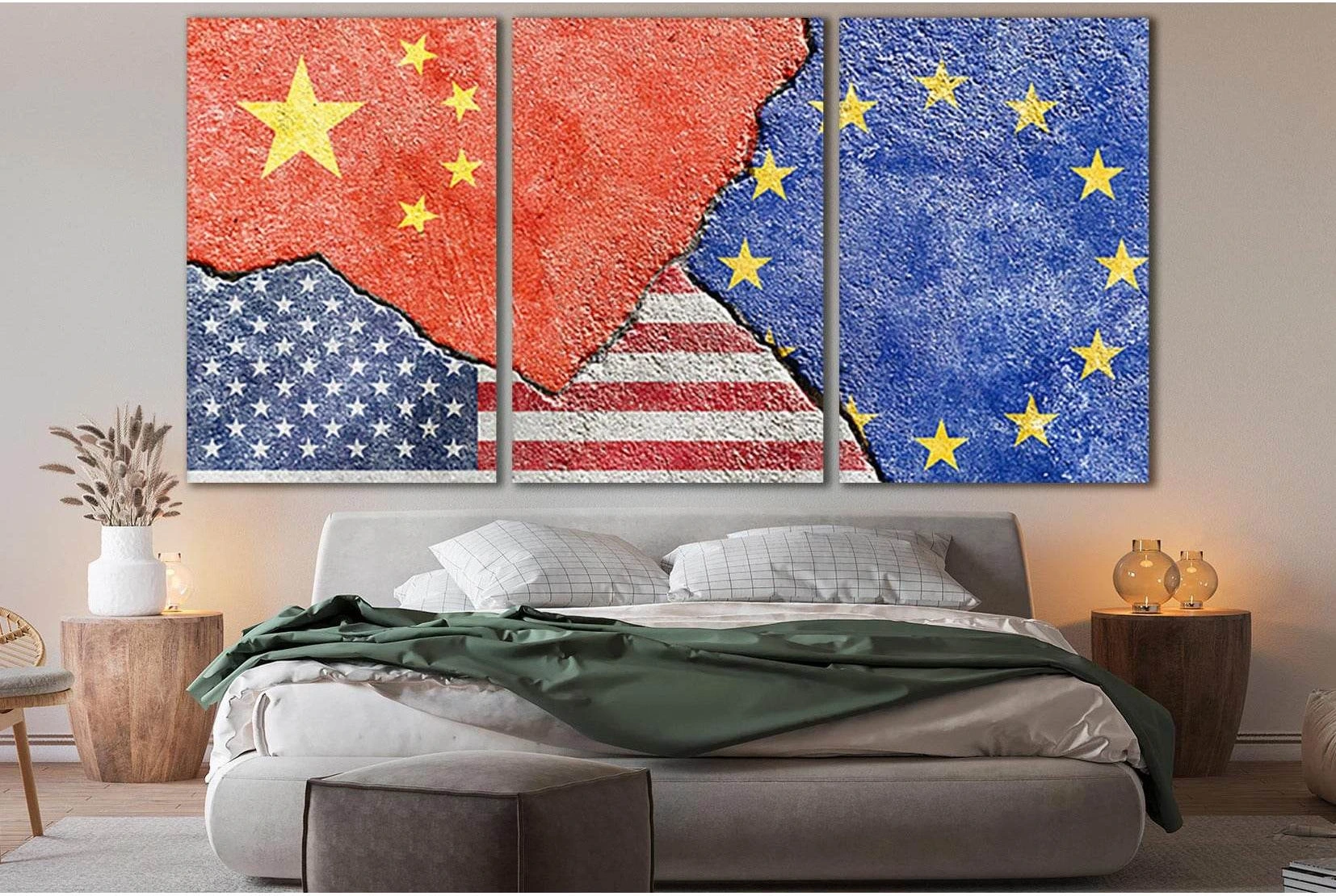 China Vs Usa Vs Eu National Flags №SL1183 Ready to Hang Canvas Print - Zellart Canvas Prints 0new, ALL_Products, Flags