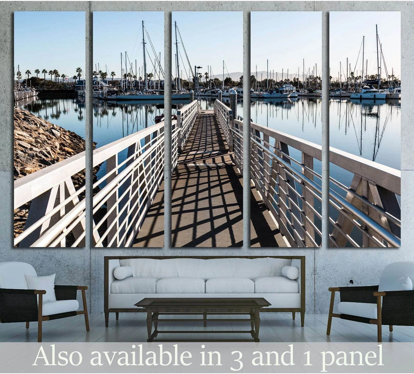 Chula Vista Bayfront park boat launch ramp with boats moored in marina showing blue ocean wall art with water and coastal depth.
