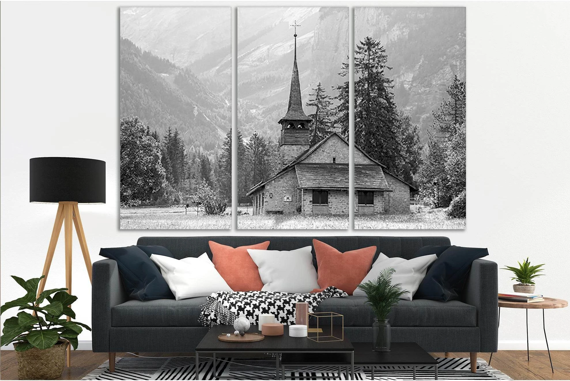 Church In The Mountains Black And White №SL832 Ready to Hang Canvas Print - Zellart Canvas Prints 0new, ALL_Products, Black & White Wall Art