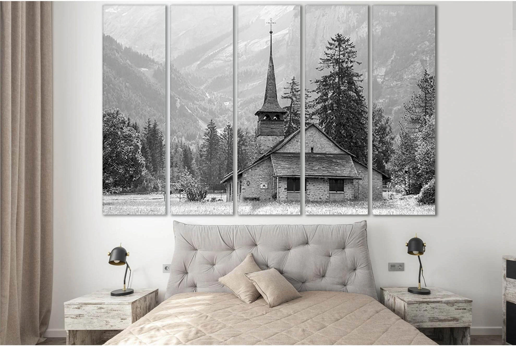 Church In The Mountains Black And White №SL832 Ready to Hang Canvas Print - Zellart Canvas Prints 0new, ALL_Products, Black & White Wall Art
