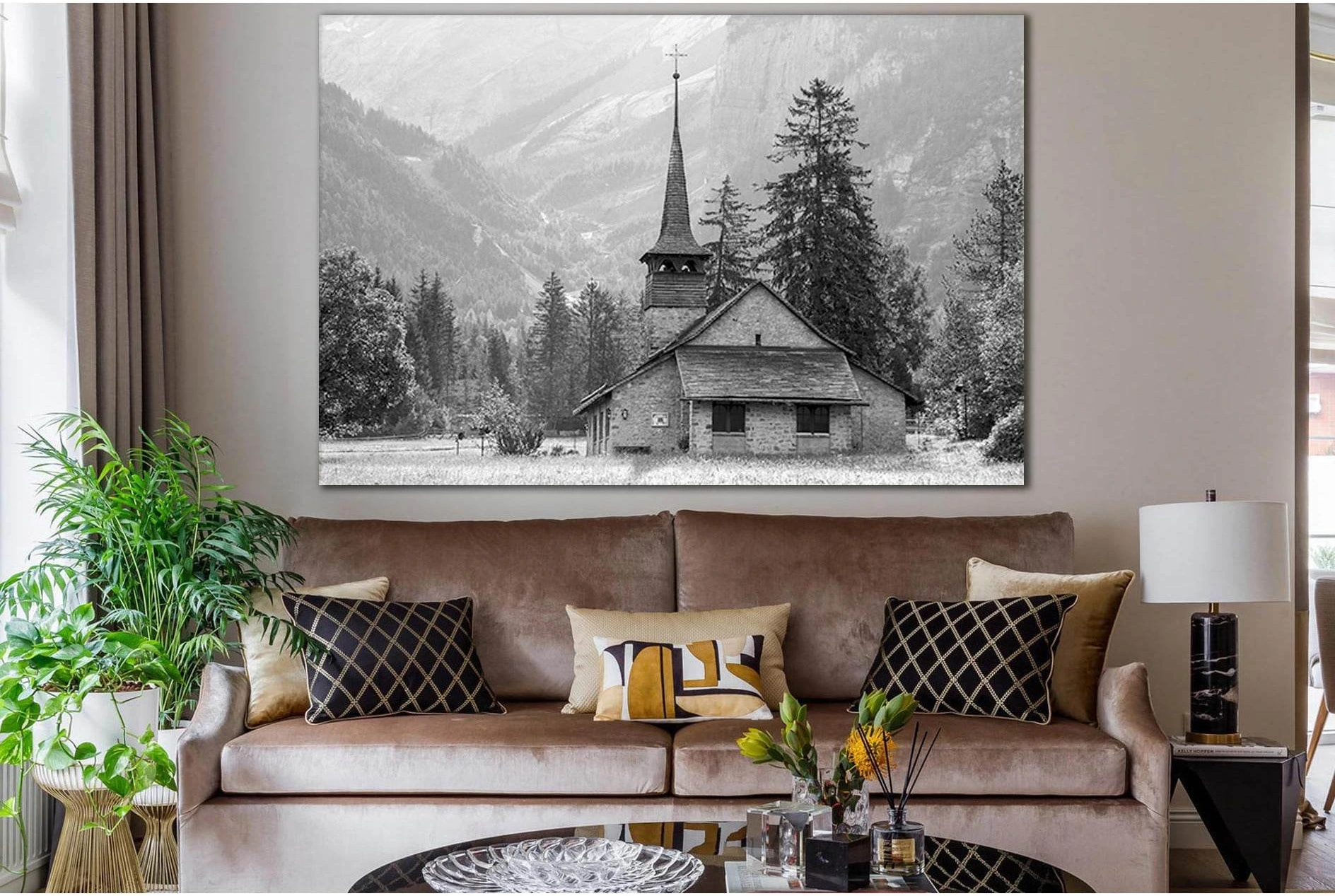 Church In The Mountains Black And White №SL832 Ready to Hang Canvas Print - Zellart Canvas Prints 0new, ALL_Products, Black & White Wall Art