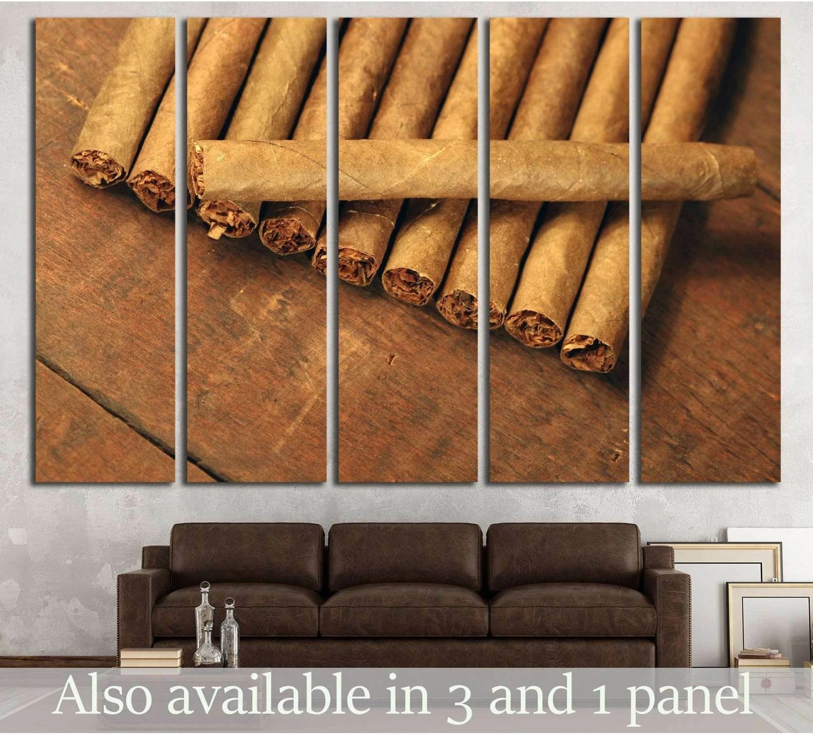 Multi-panel cigar canvas print above a brown sofa with rolled cigars on a wooden table