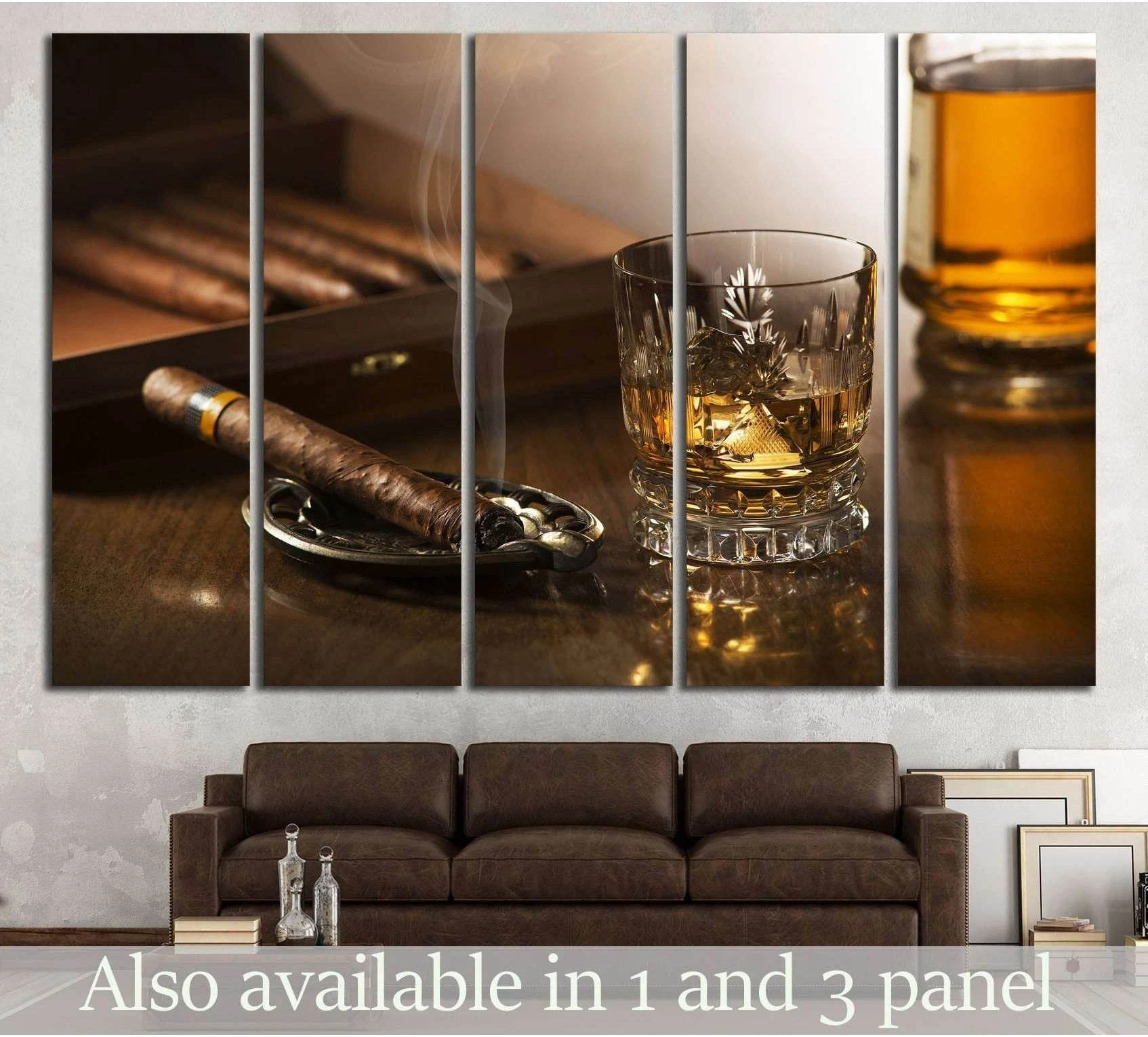 Cigar and whiskey canvas print split across five panels above a sofa in a home bar style living room