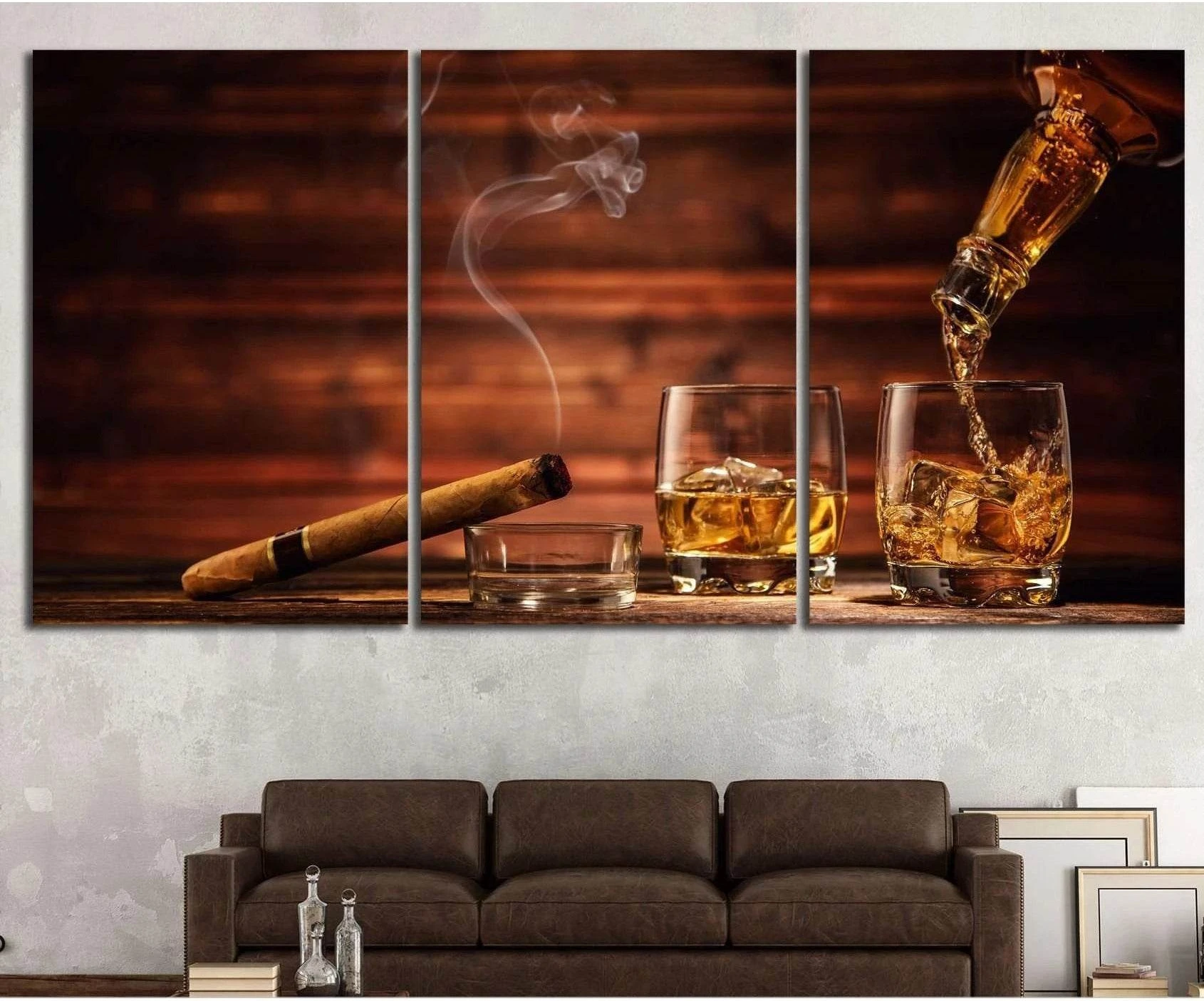 Whiskey and cigar canvas print with amber liquor glasses and swirling smoke above a sofa in a home bar