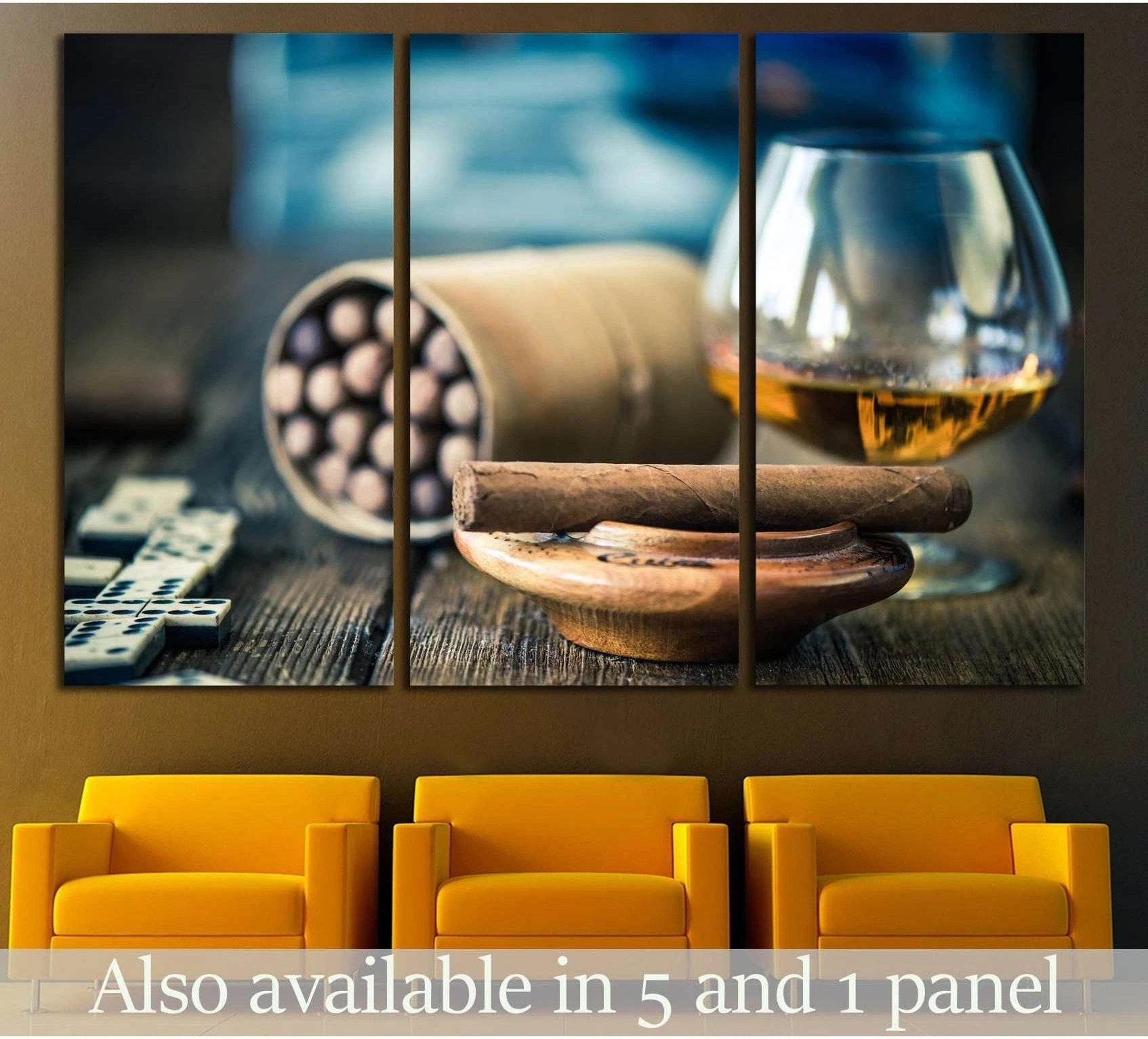 Triptych cigar and cognac canvas print with amber liquor glass and cigars above lounge chairs