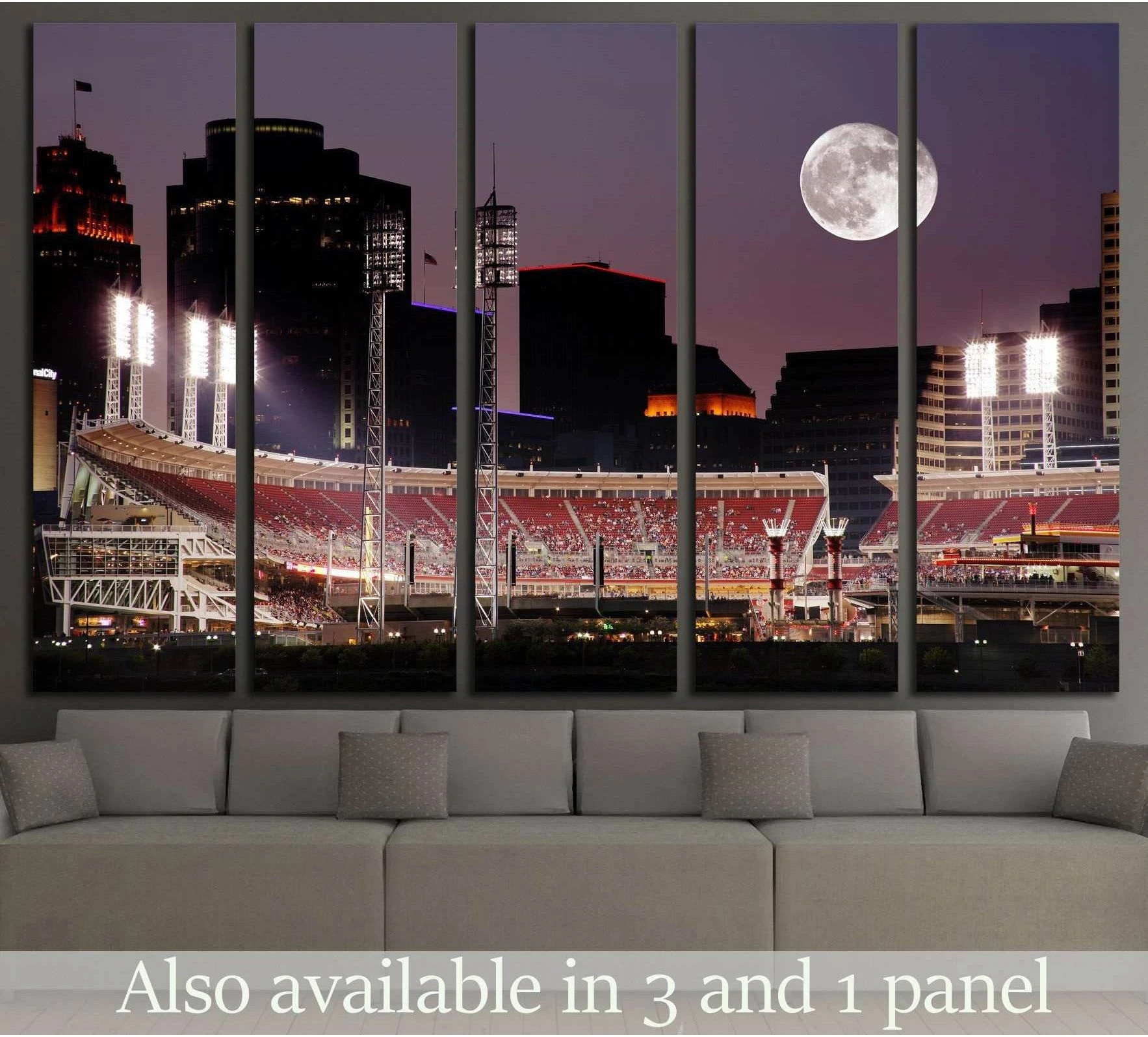 Cincinnati ballpark canvas print with stadium lights, skyline, and full moon above a sofa