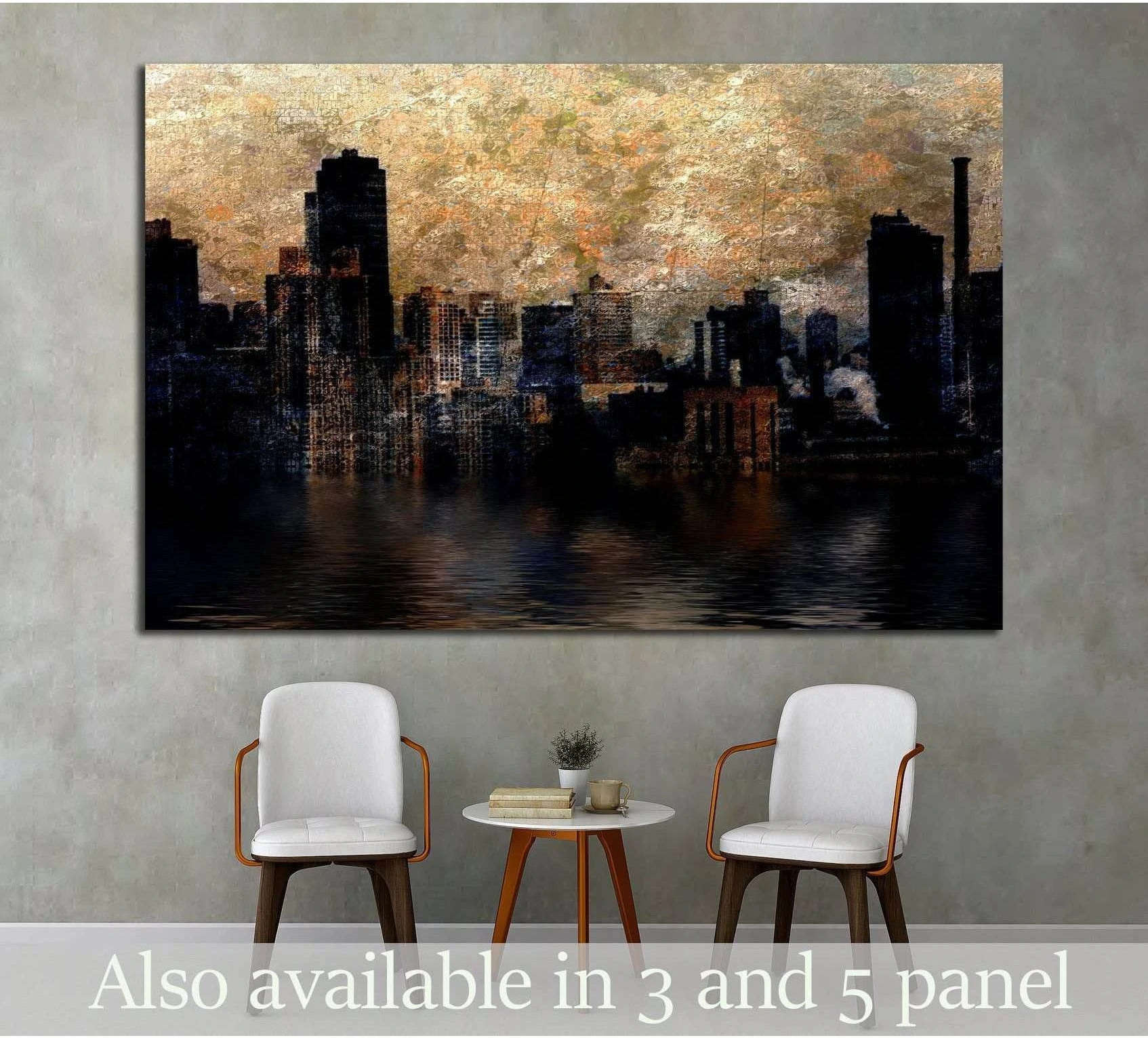 Textured city skyline canvas print with dark waterfront buildings and gold sky, displayed above chairs in a modern room