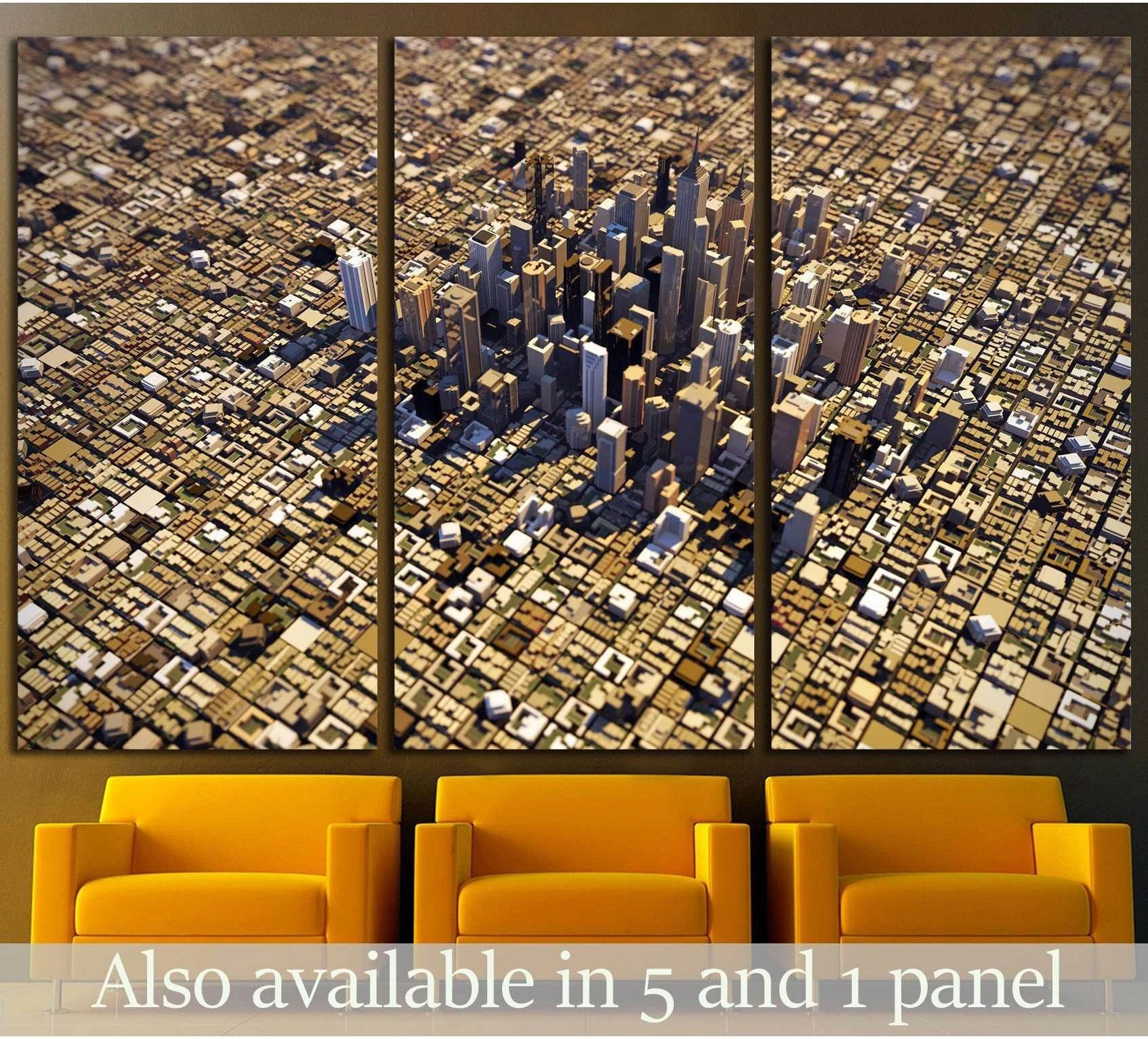 Aerial downtown cityscape canvas print in gold sepia tones above chairs in a modern office