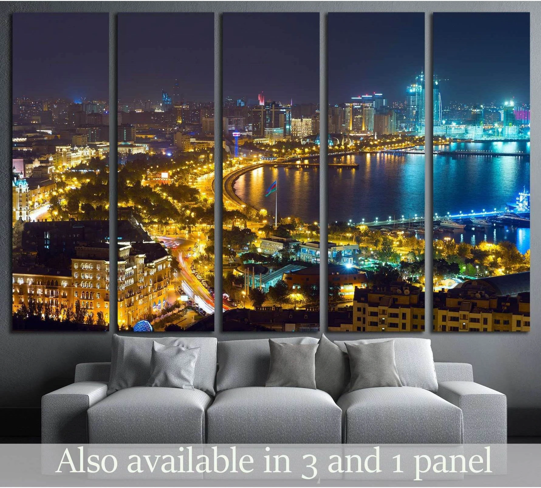 Baku skyline canvas print with illuminated waterfront and city lights at night above a sofa