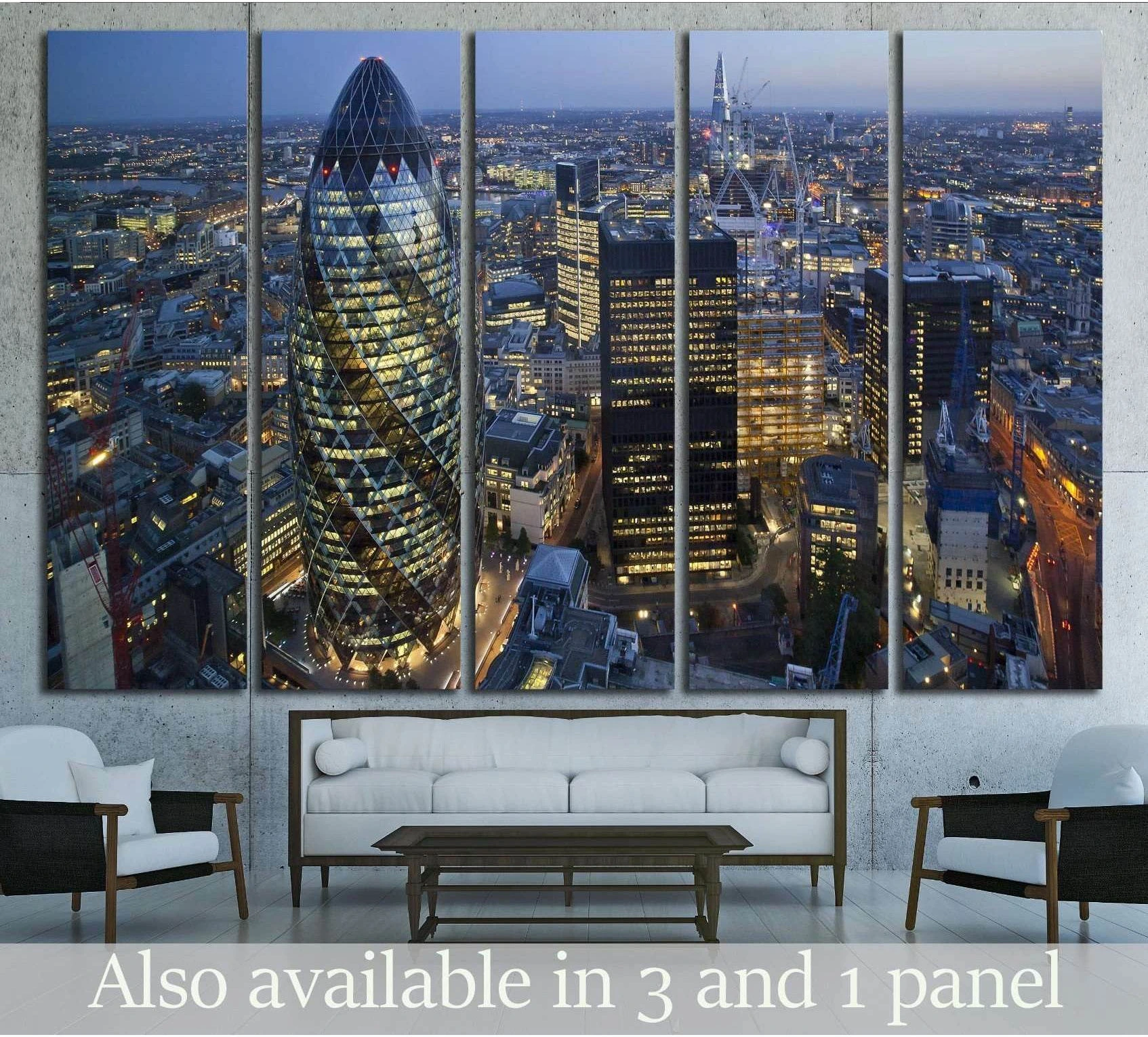 London skyline canvas print with the Gherkin at dusk displayed above a sofa in a modern living room