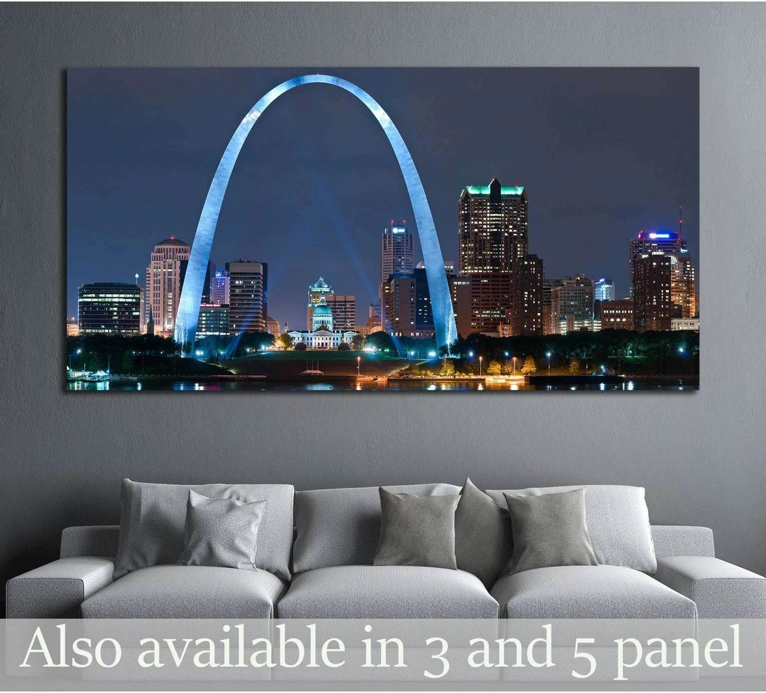 St. Louis Gateway Arch night skyline canvas print above a gray sofa in a modern living room