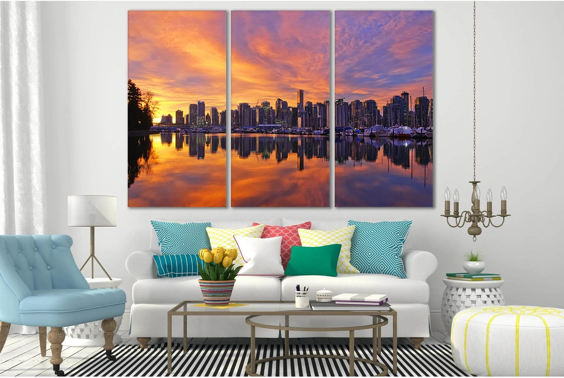 City Reflection In The River Sunset №SL268 Ready to Hang Canvas Print - Zellart Canvas Prints 0new, ALL_Products, SUNRISE & SUNSET WALL ART