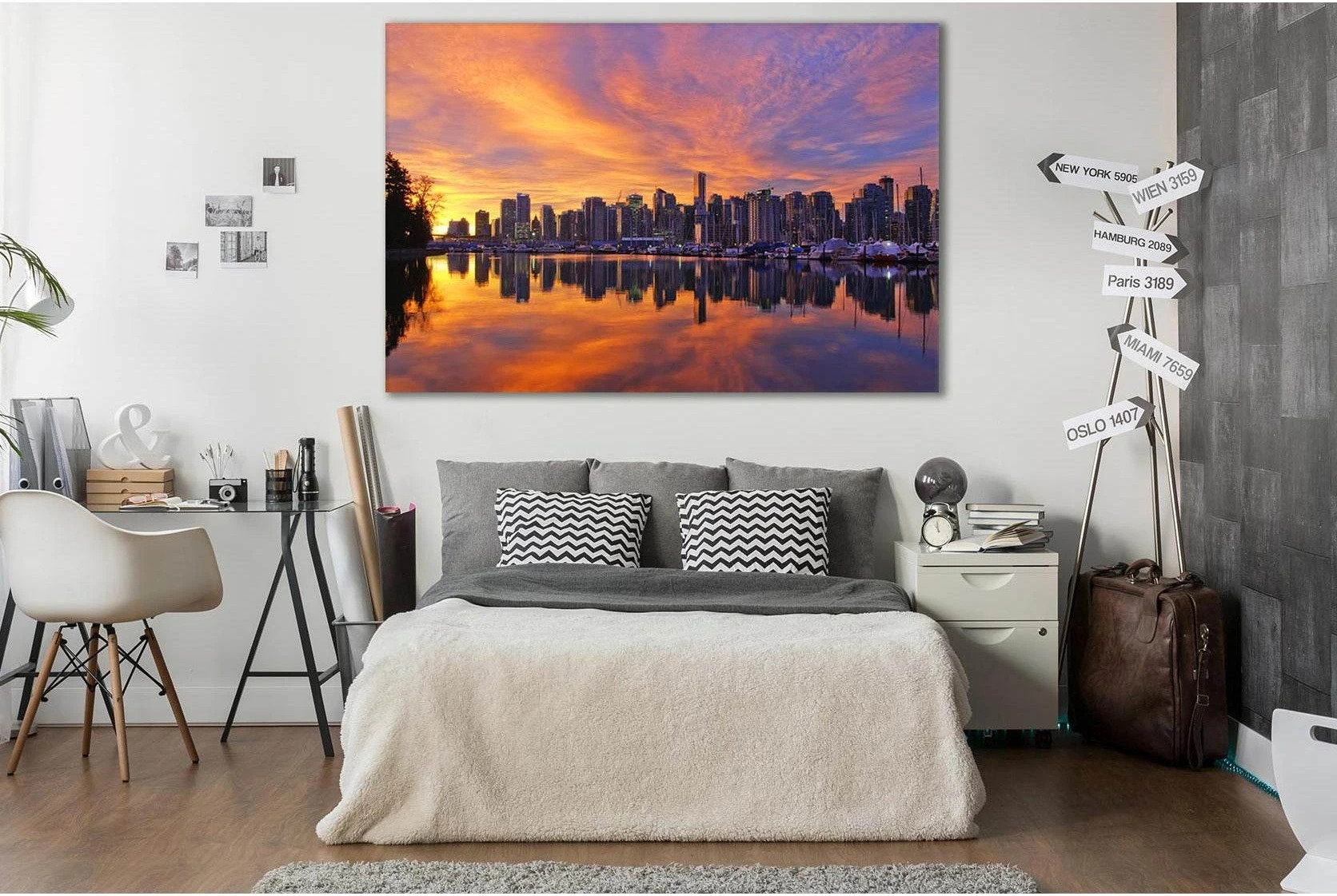 City Reflection In The River Sunset №SL268 Ready to Hang Canvas Print - Zellart Canvas Prints 0new, ALL_Products, SUNRISE & SUNSET WALL ART