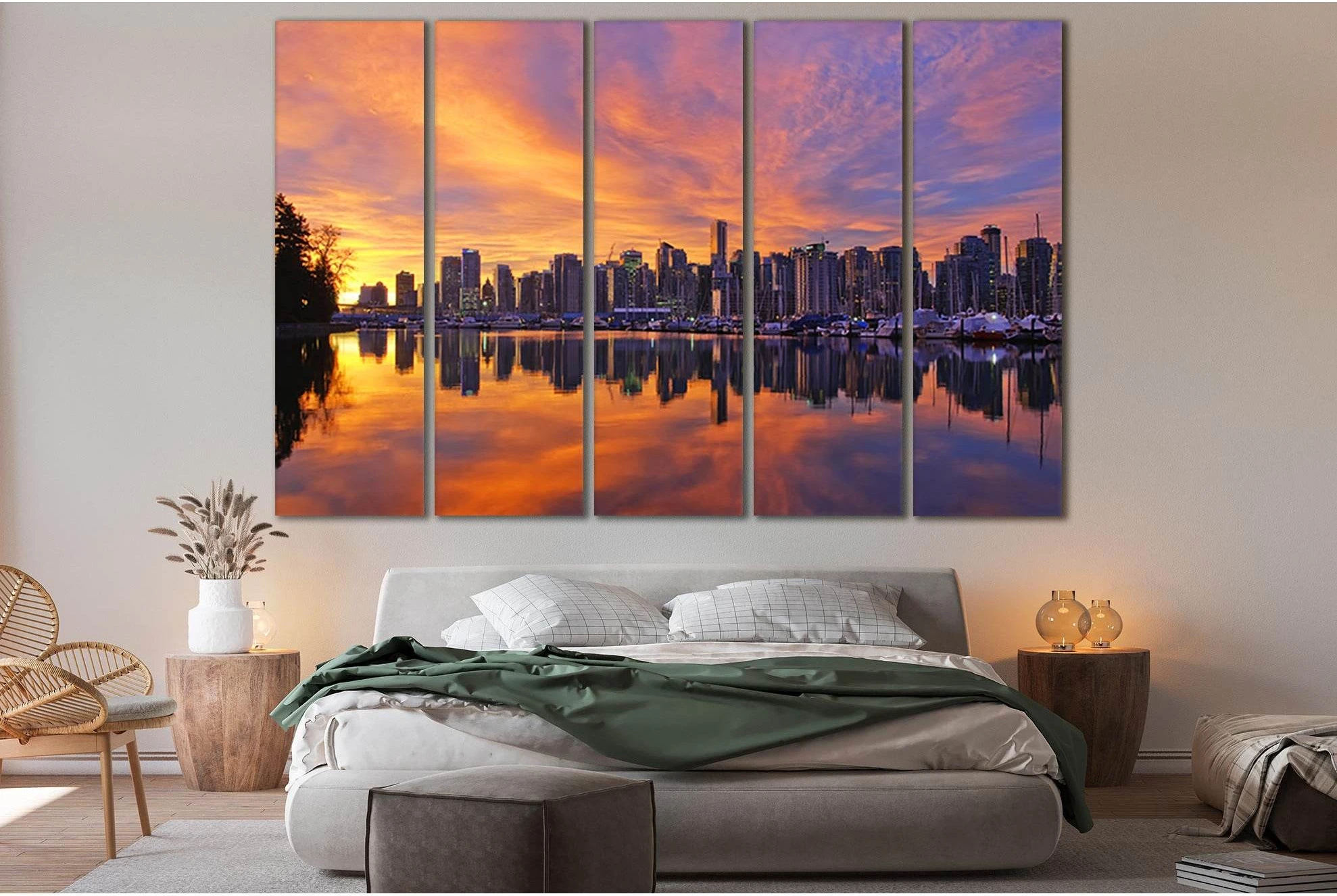 City Reflection In The River Sunset №SL268 Ready to Hang Canvas Print - Zellart Canvas Prints 0new, ALL_Products, SUNRISE & SUNSET WALL ART