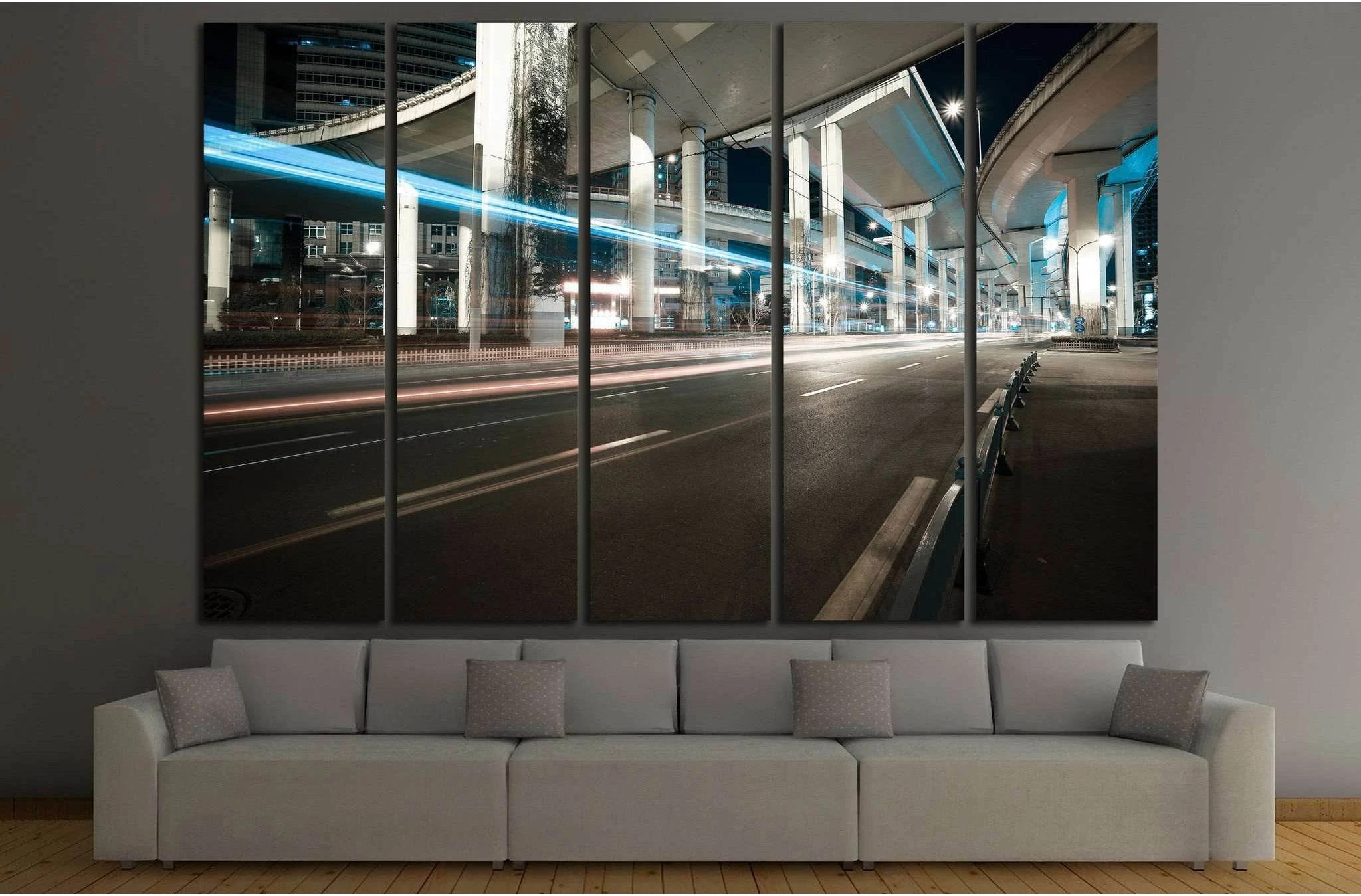 City road viaduct streetscape of night scene №1434 Ready to Hang Canvas Print - Zellart Canvas Prints ALL_Products, s-1434