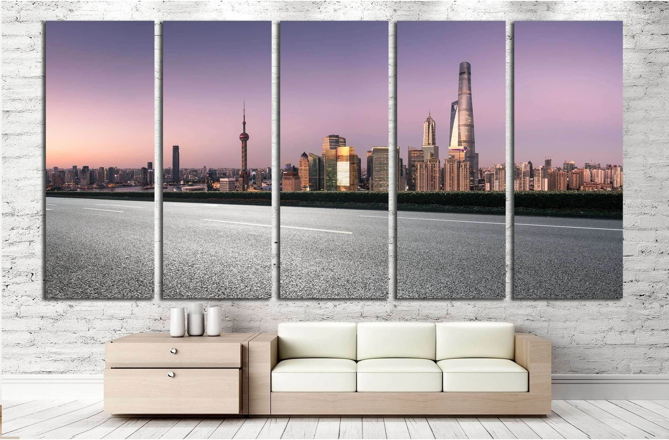 city road with cityscape and skyline of shanghai at night №2976 Ready to Hang Canvas Print - Zellart Canvas Prints ALL_Products, s-2976